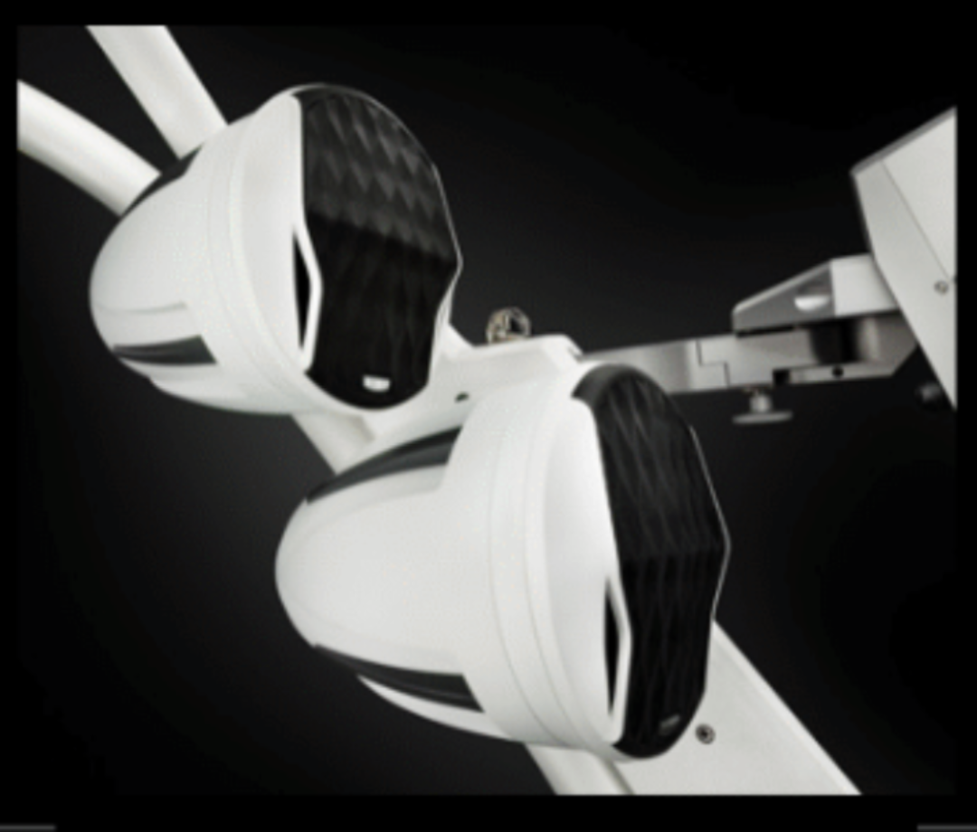 Malibu REV8 tower speakers, 22-24 inches tall, with sleek white and black design, mounted on a black background.