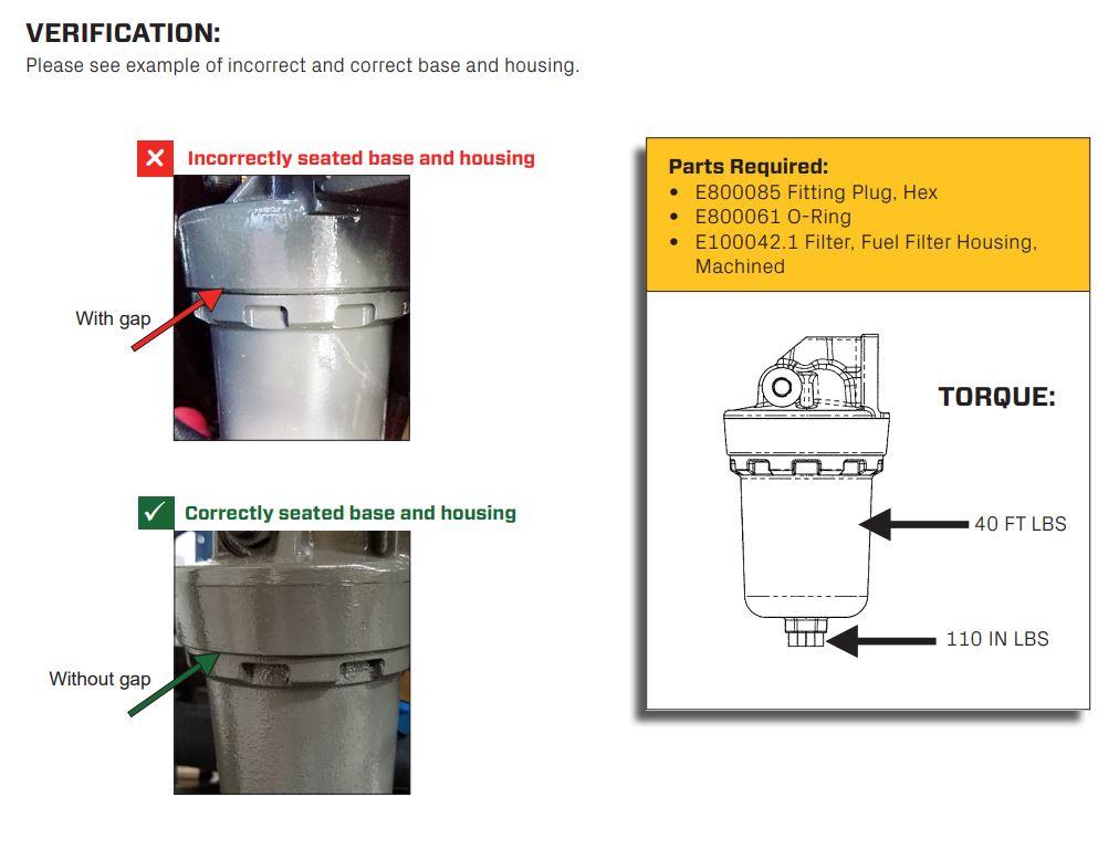 Malibu M-Series/LT4 fuel filter with correct seating, part of fuel system maintenance, includes fitting parts and torque specifications.