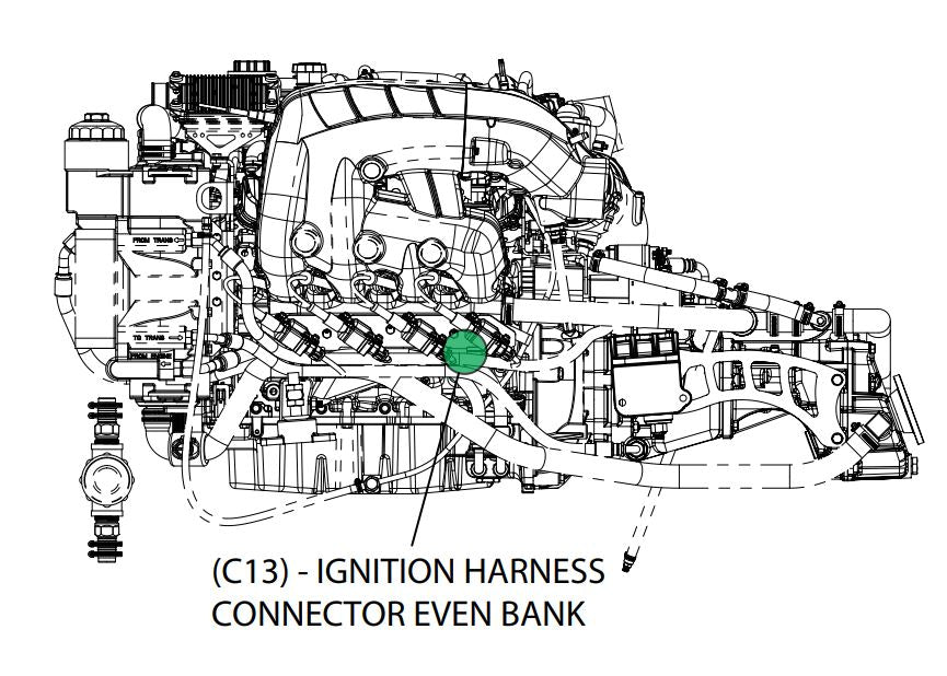 Diagram of Malibu M5DI/M6DI ignition wiring showing ignition harness connector on engine.