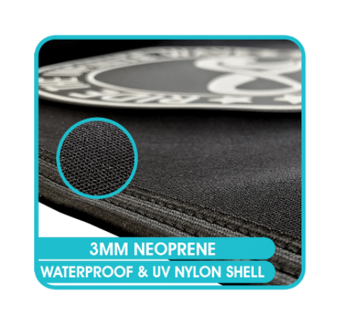 Close-up of Malibu Boat Shield by SURFINITY showing a 3mm neoprene waterproof and UV-resistant nylon shell with textured surface.