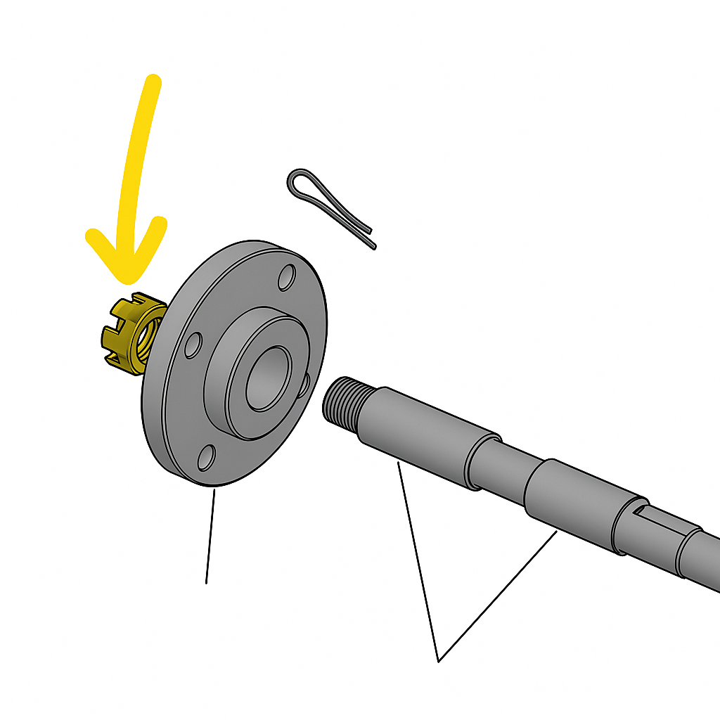 Yellow castle nut with internal threads, part of a mechanical assembly, shown with a shaft and retaining clip.