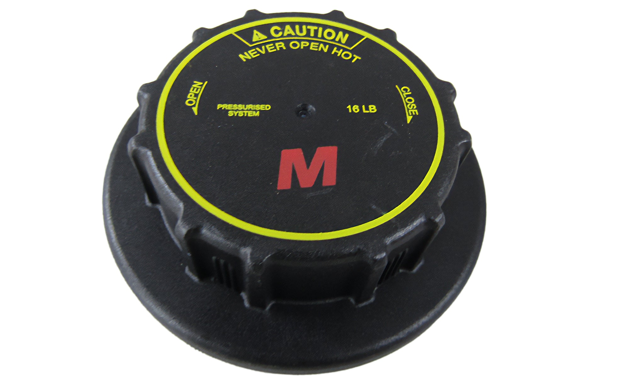 Close-up of a black Malibu engine coolant reservoir cap with yellow caution markings and red "M" logo.