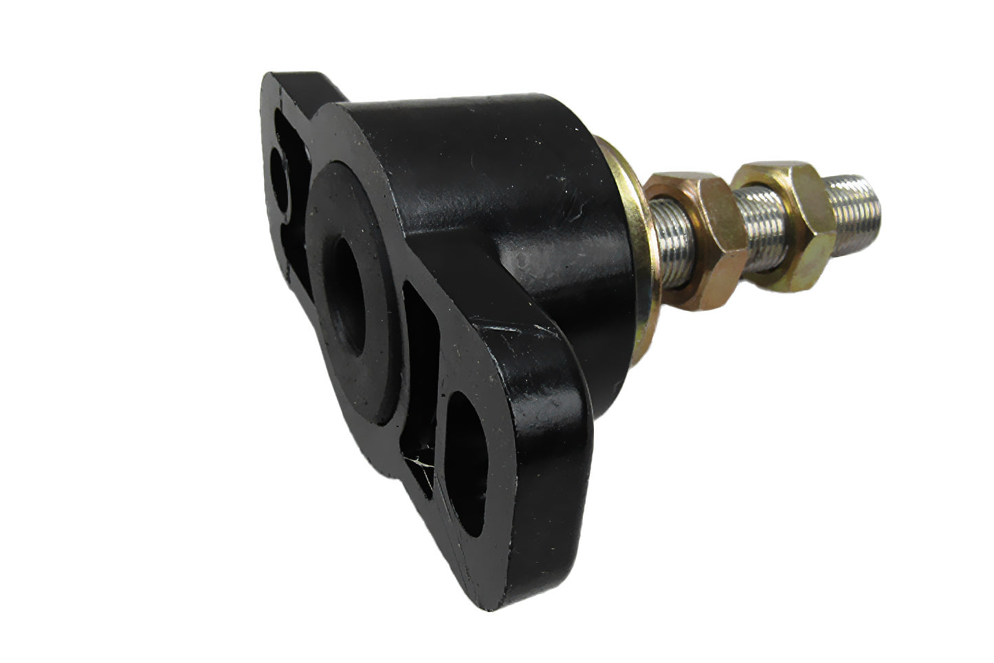 Malibu DF216 engine to stringer mount with black metal bracket and threaded bolt for secure attachment.