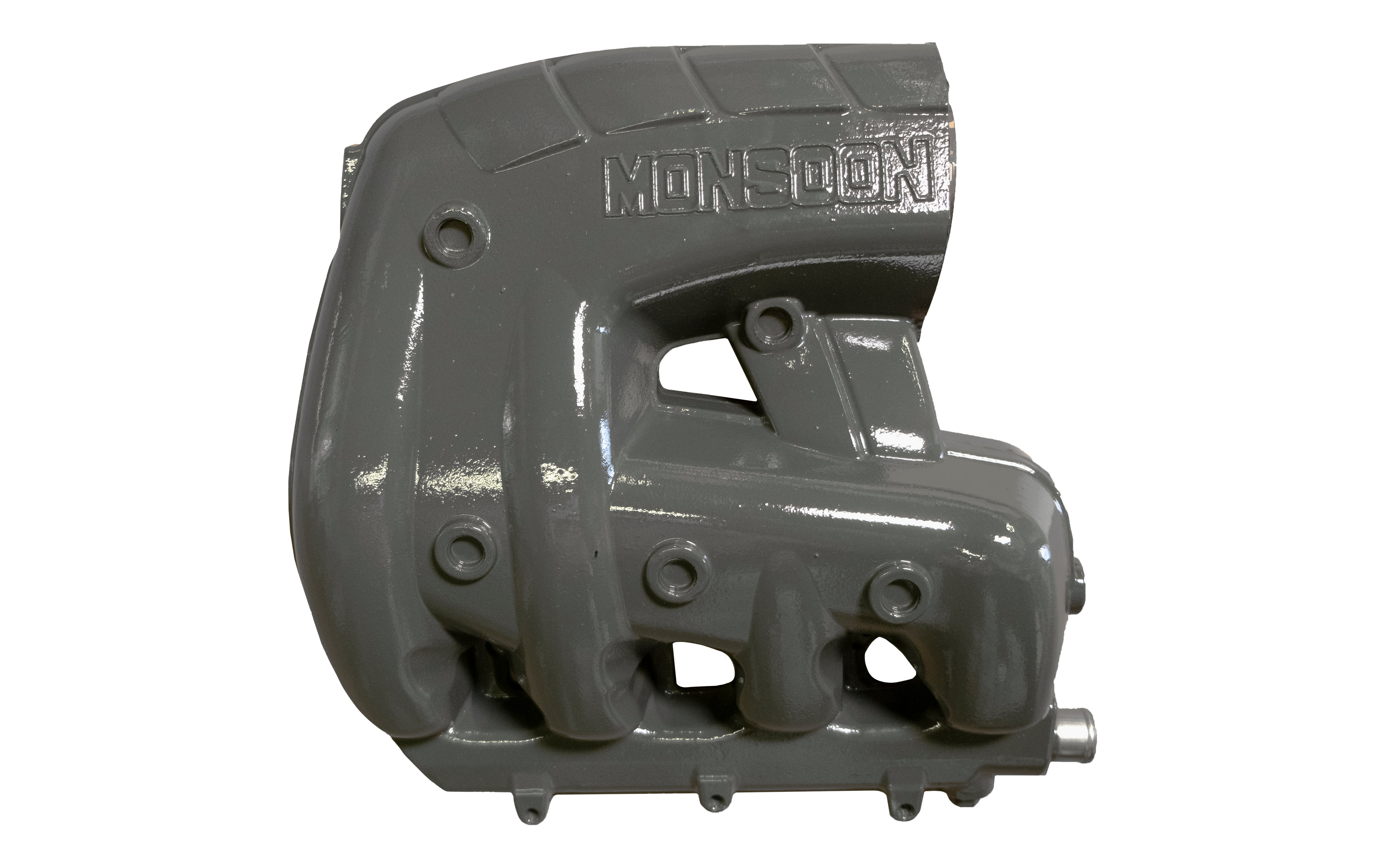 Aluminum Malibu M5DI/M6DI LH Manifold in gray with embossed "MONSOON" branding, designed for marine engine applications.