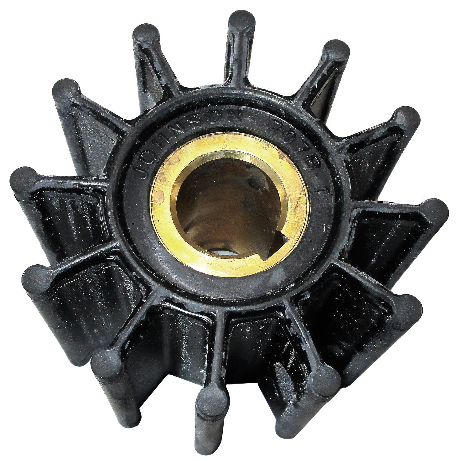 Impeller for Malibu M Series Sherwood Pump, black with brass center, designed for water circulation and pump performance.
