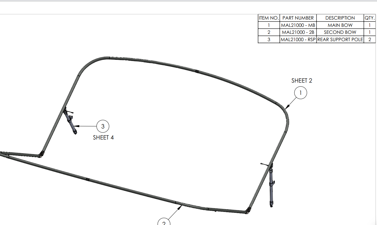 Aluminum GV Slider Bimini Frame with labeled support poles and sheets, designed for boat shade installation.