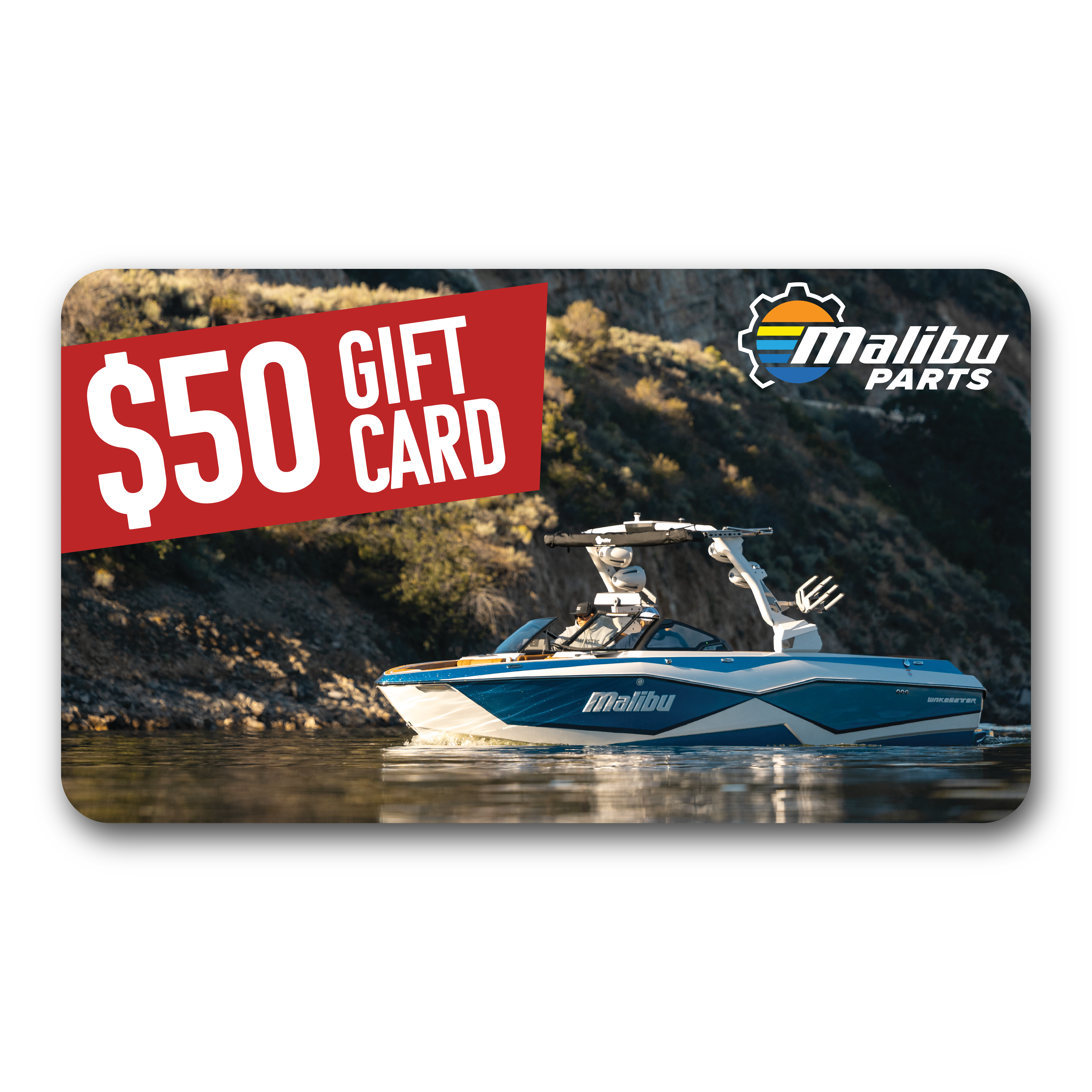 Malibu Parts $50 gift card featuring a sleek speedboat on water with rocky shoreline in the background.
