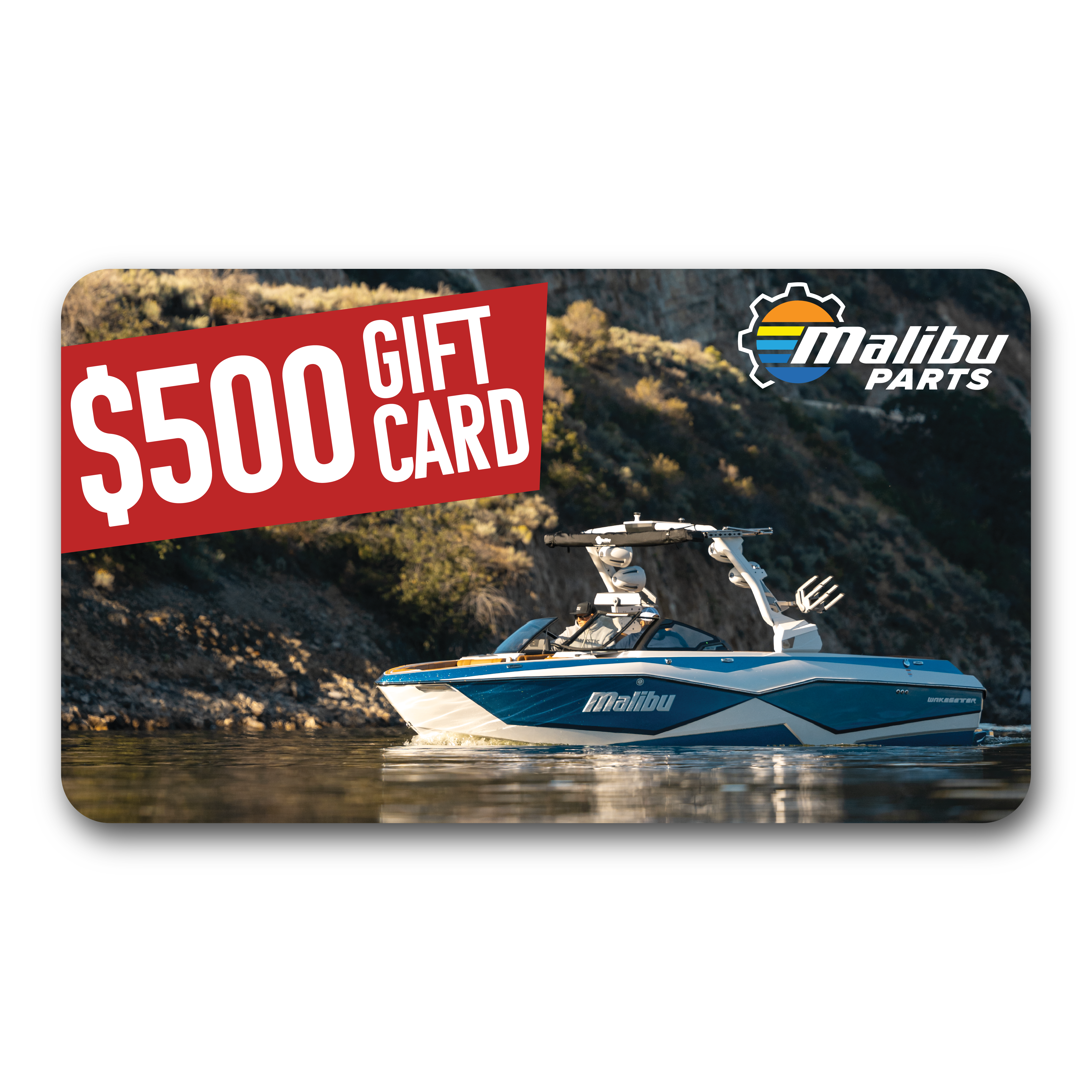 Malibu Parts $500 gift card featuring a boat on water with a rocky shoreline, Malibu logo, and bold red "$500 GIFT CARD" label.