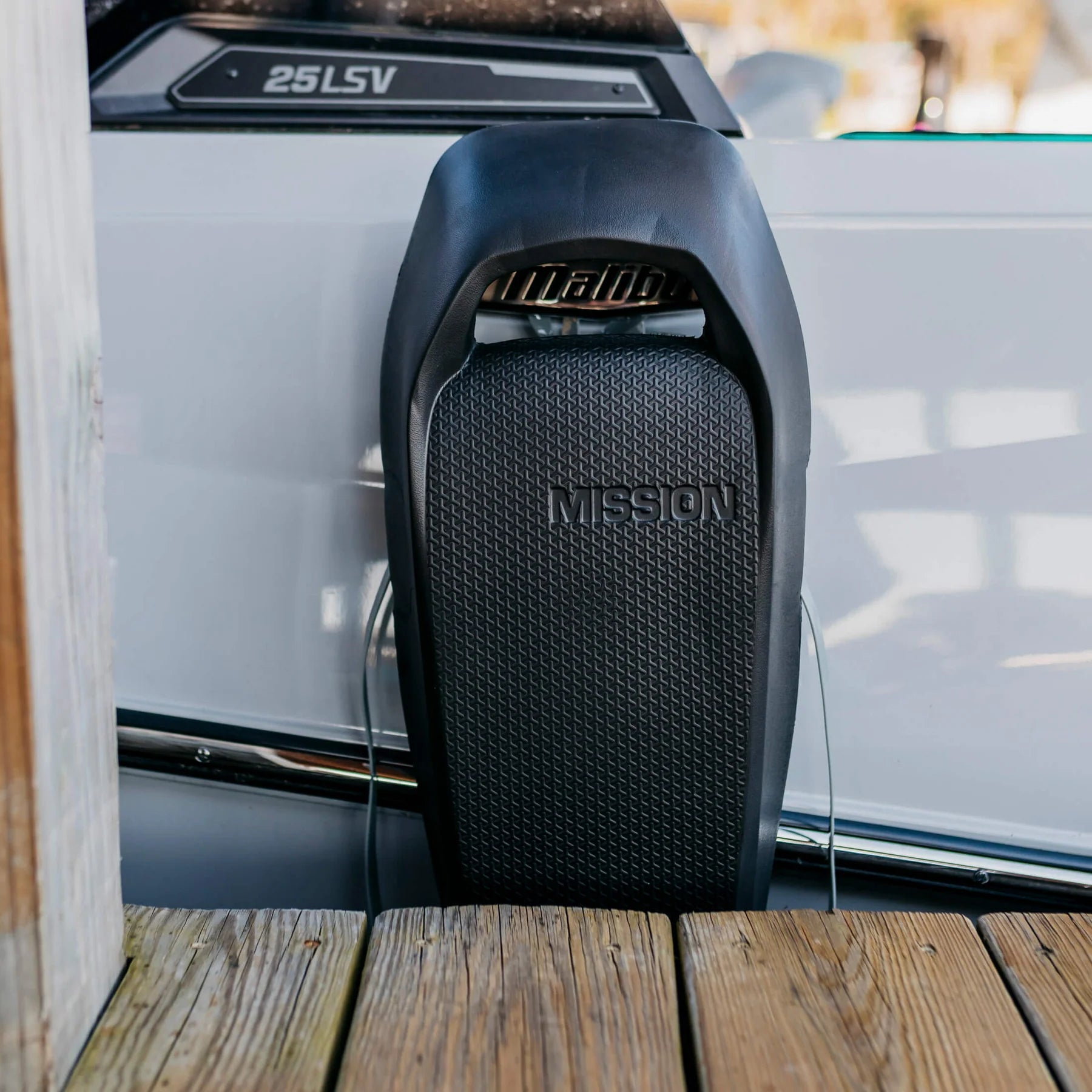 Pair of black Mission Boat SENTRY 2.0 boat fenders with textured surface and molded logo, designed to protect boats from impact.