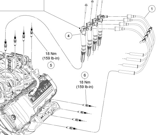 Diagram of spark plugs for Indmar Ford 6.2 400/440 engine, showing torque specifications of 18 Nm (159 lb-in).