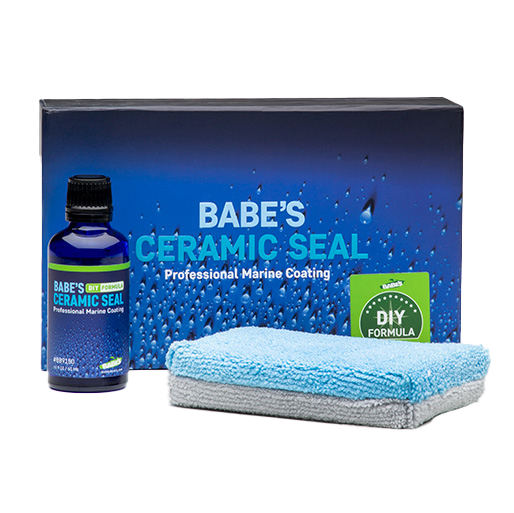 Babe's Ceramic Seal Marine Coating kit with bottle, microfiber cloth, and packaging for professional boat protection.