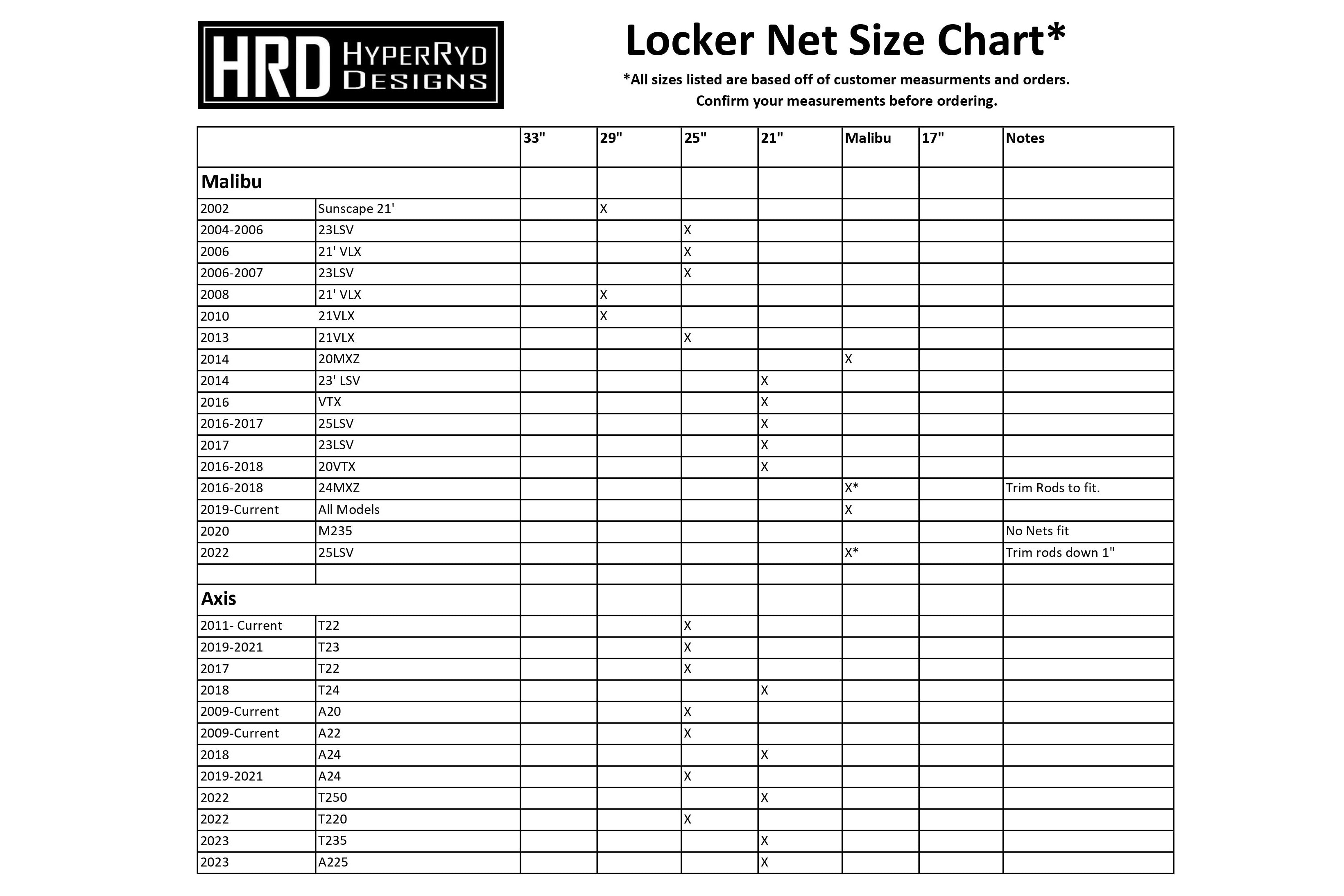 Pair of HRD Locker Nets with adjustable sizes, designed for various locker models, shown on size chart.