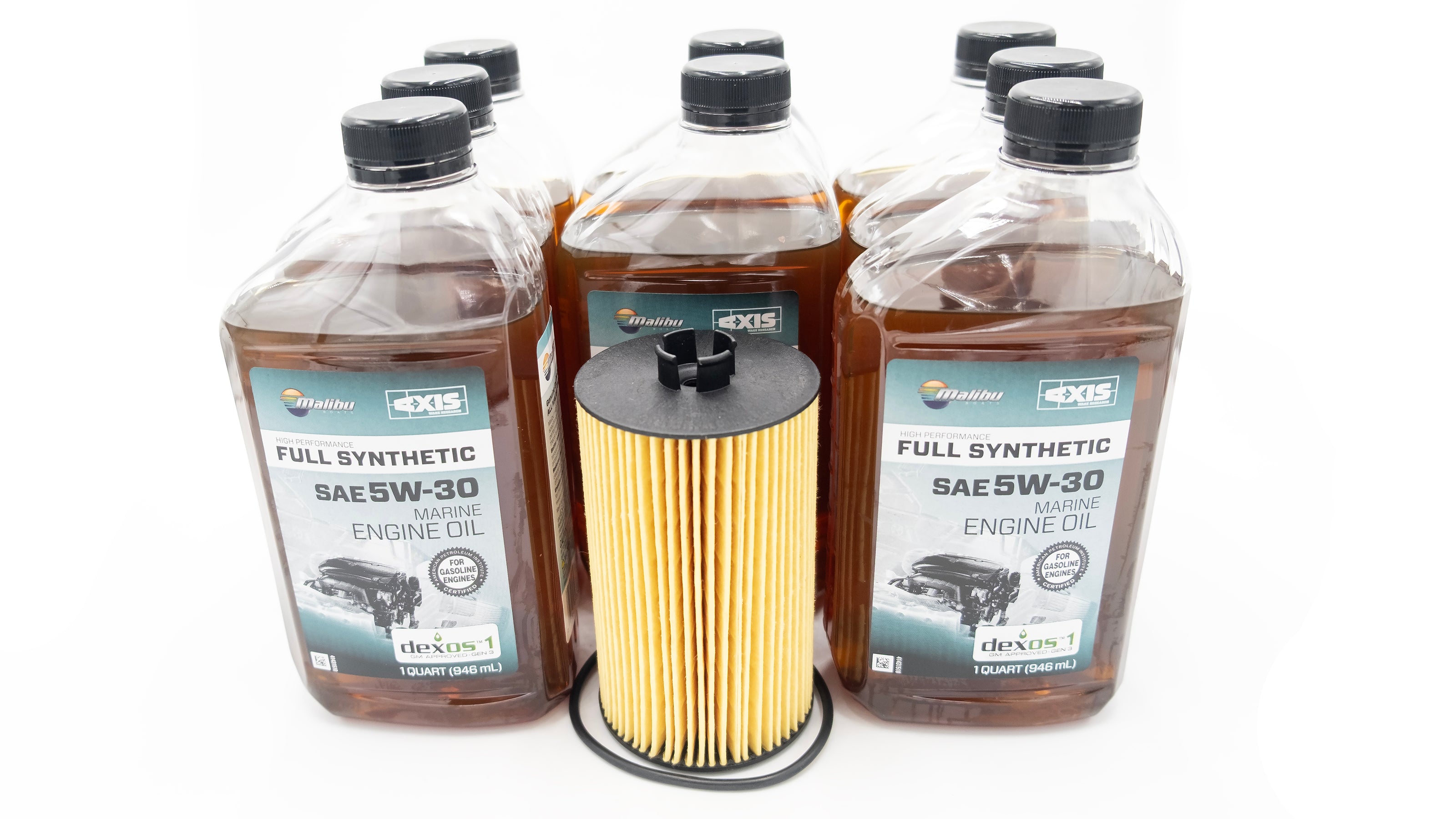 Malibu M-series M5/M6 oil service kit with four bottles of SAE 5W-30 synthetic marine engine oil, a filter, and a gasket.