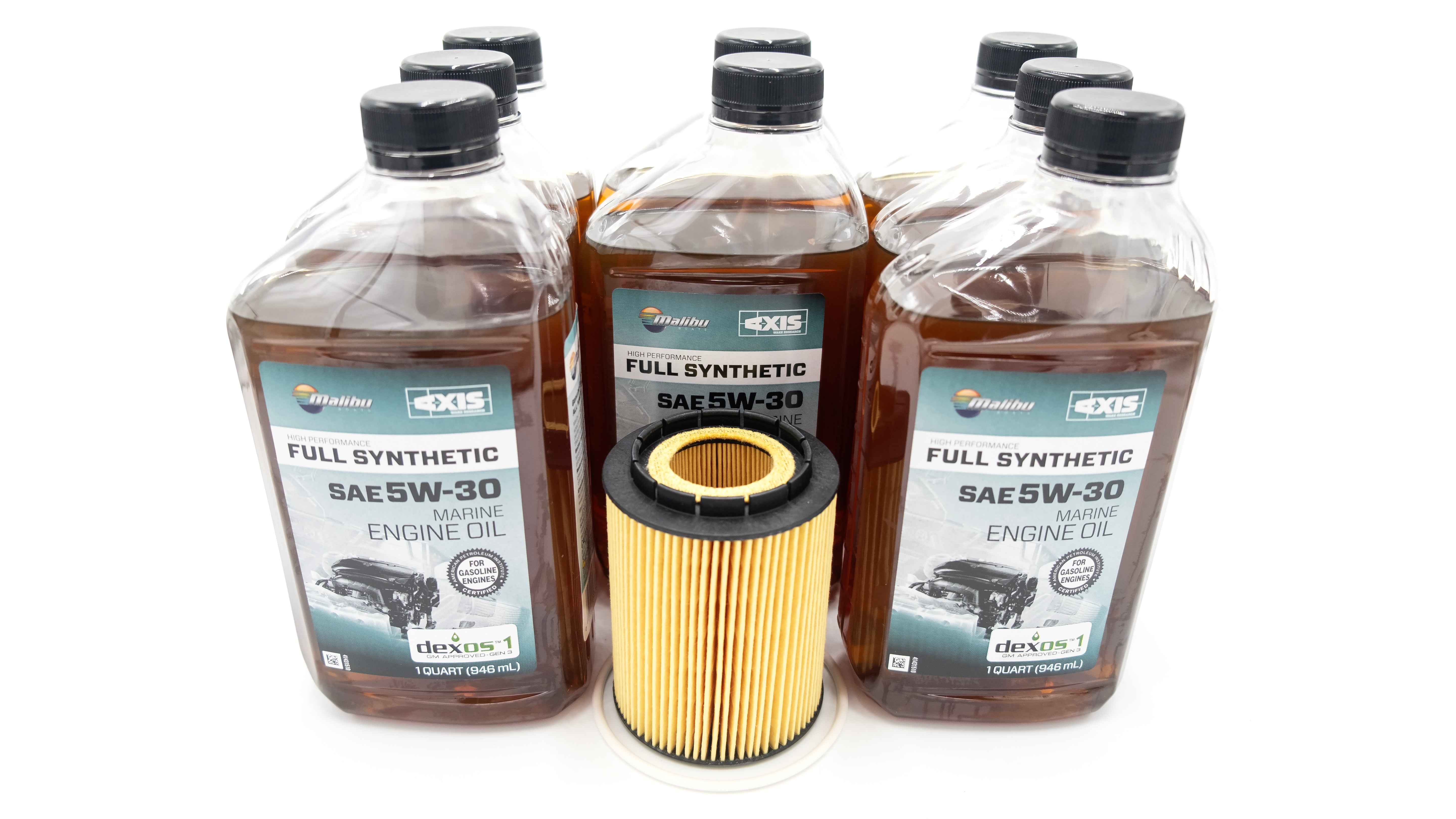 Malibu M-series M5/M6 oil service kit with four bottles of SAE 5W-30 synthetic engine oil and a replacement oil filter.