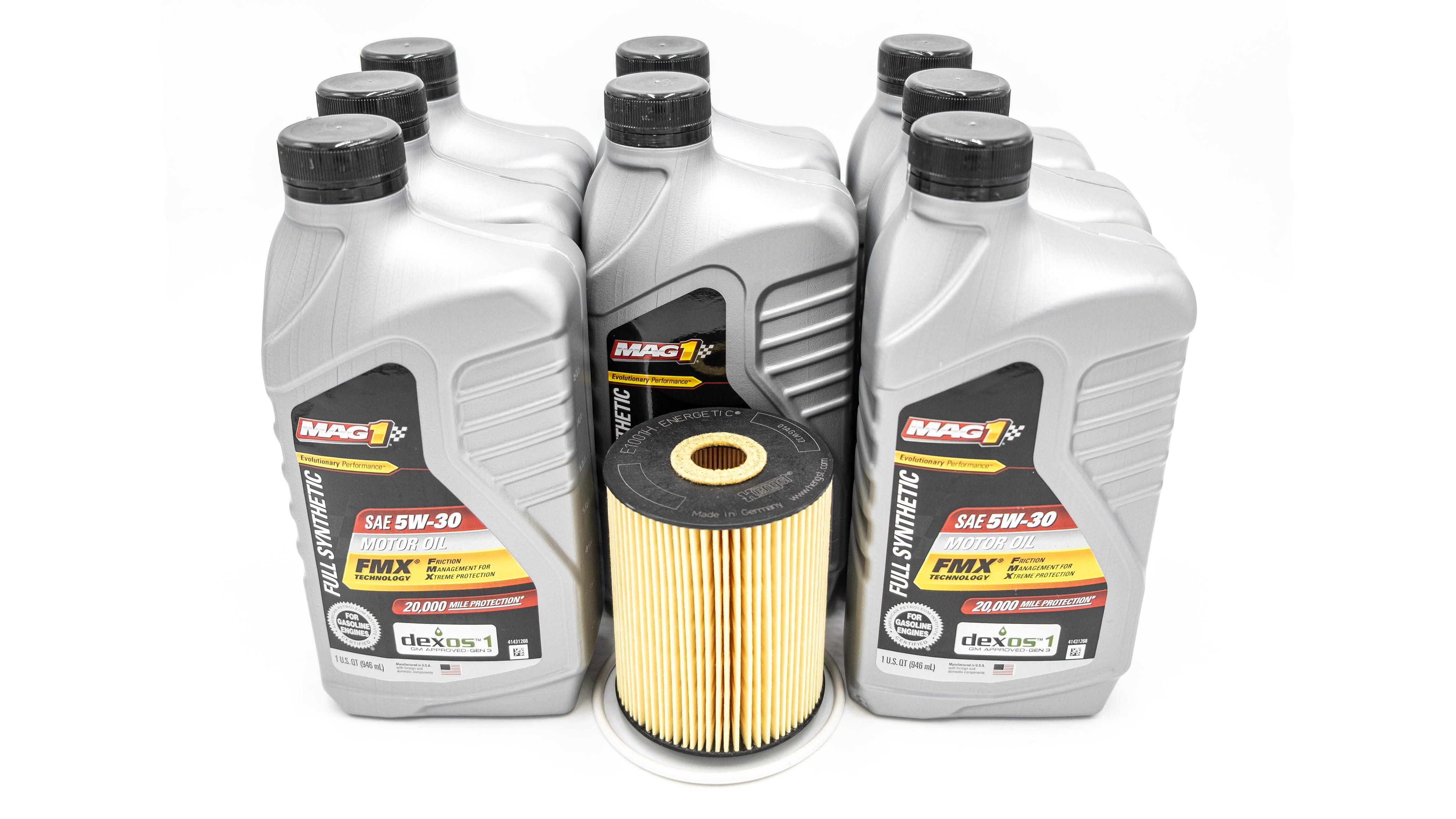 Malibu M-series M5/M6 oil service kit featuring six bottles of SAE 5W-30 motor oil and an oil filter for maintenance.