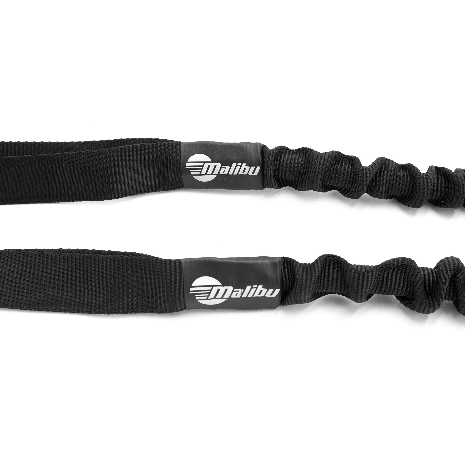 Pair of black Malibu Bungee Dock Lines with loop ends, featuring adjustable elastic sections and Malibu logo.