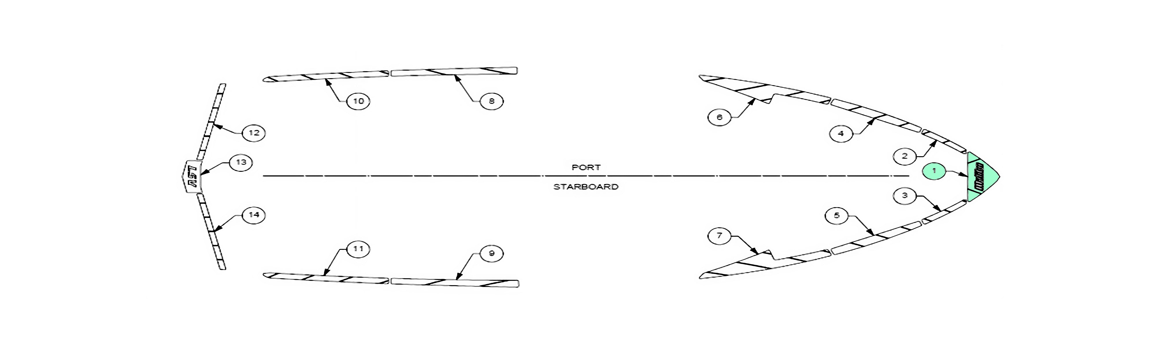 Technical schematic of a 2019-2020 Wakesetter 25 LSV deck track, showing detailed top and side views with numbered placement markers for parts and assembly on the port and starboard sides.