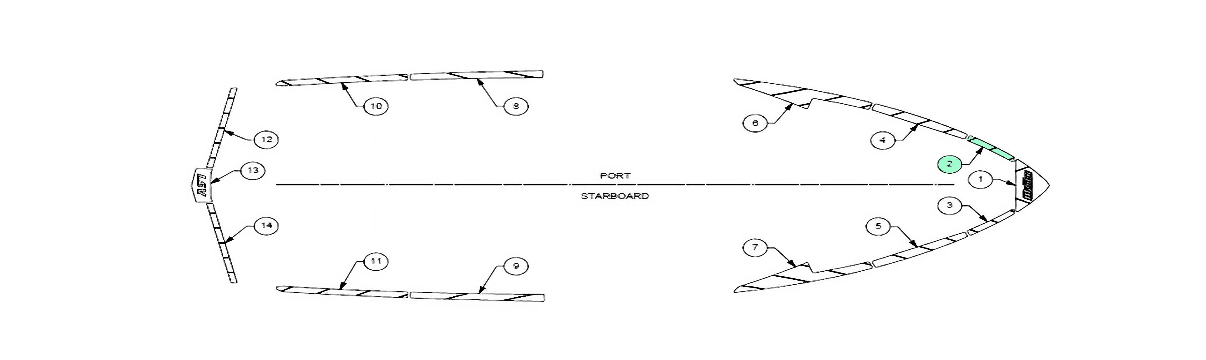 Technical drawing of the 2019-2020 Wakesetter 25 LSV boat deck layout, displaying numbered parts placement on port and starboard views, including detailed schematics of the deck's surface with designated component numbers.