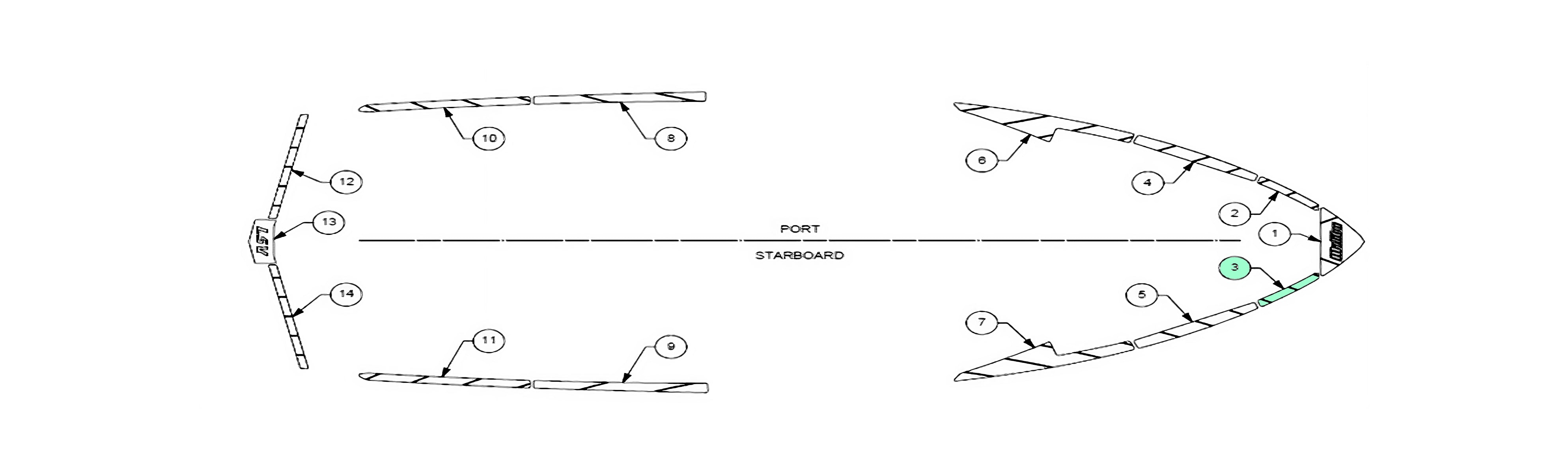 Alt text: Technical schematic for the 2019-2020 Wakesetter 25 LSV deck track layout showing labeled parts for port and starboard sides, and top-down deck views with numerical annotations for component identification.