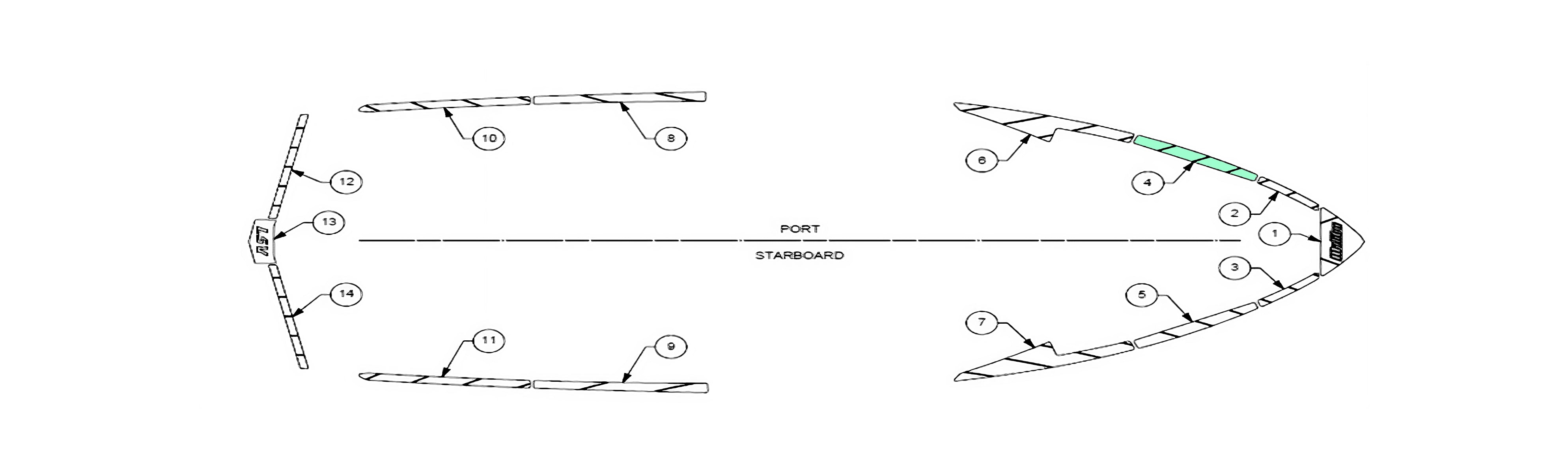 Alt text: Technical diagram of the 2019-2020 Wakesetter 25 LSV deck layout, showcasing port and starboard views with numbered parts and positions clearly marked for component placement.