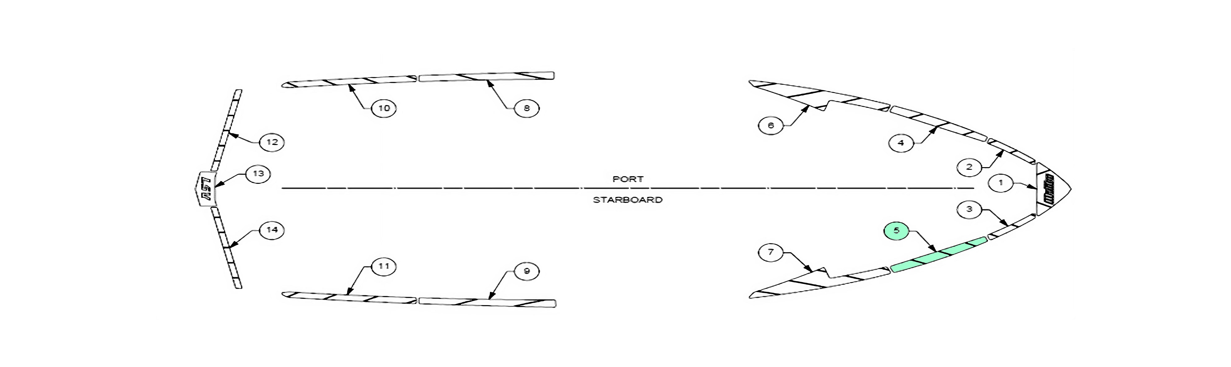 Alt text: "Technical diagram illustrating the deck track placement for the 2019-2020 Wakesetter 25 LSV, showing labeled parts and positions on the port and starboard sides of the boat."