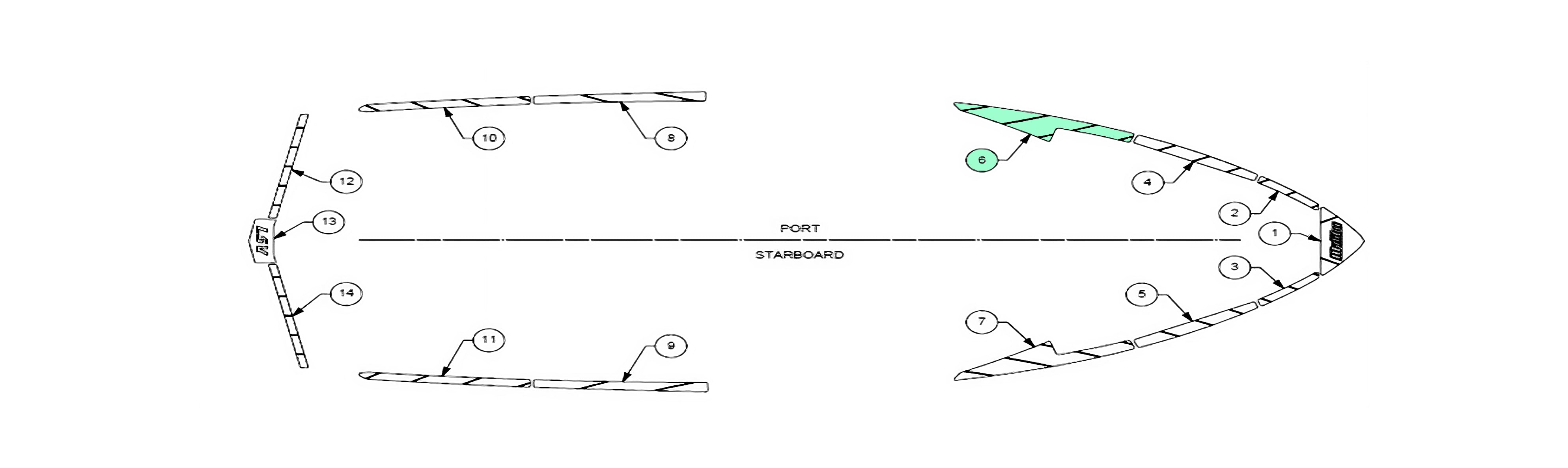 Alt text: "Technical diagram of the 2019-2020 Wakesetter 25 LSV deck track layout showing numbered parts for port and starboard sides with detailed views of deck sections."