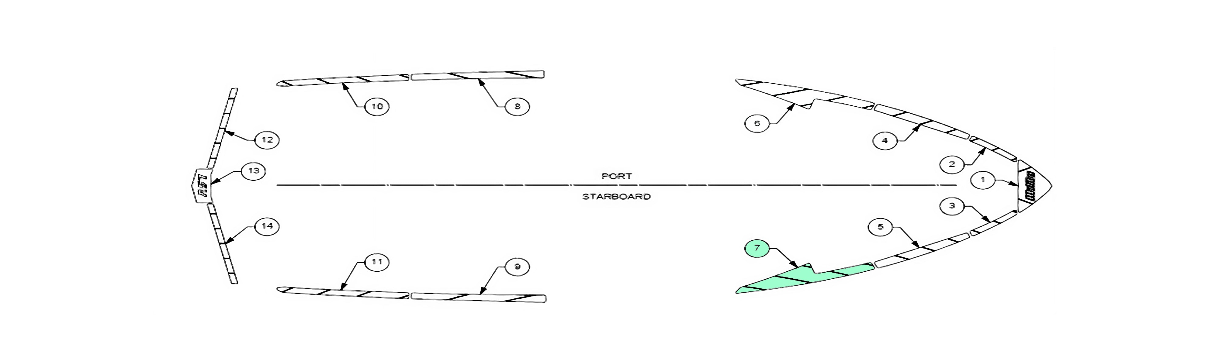 Alt text: Schematic diagram of the 2019-2020 Wakesetter 25 LSV boat deck track, showing port and starboard views with numbered component positions for maintenance or assembly.