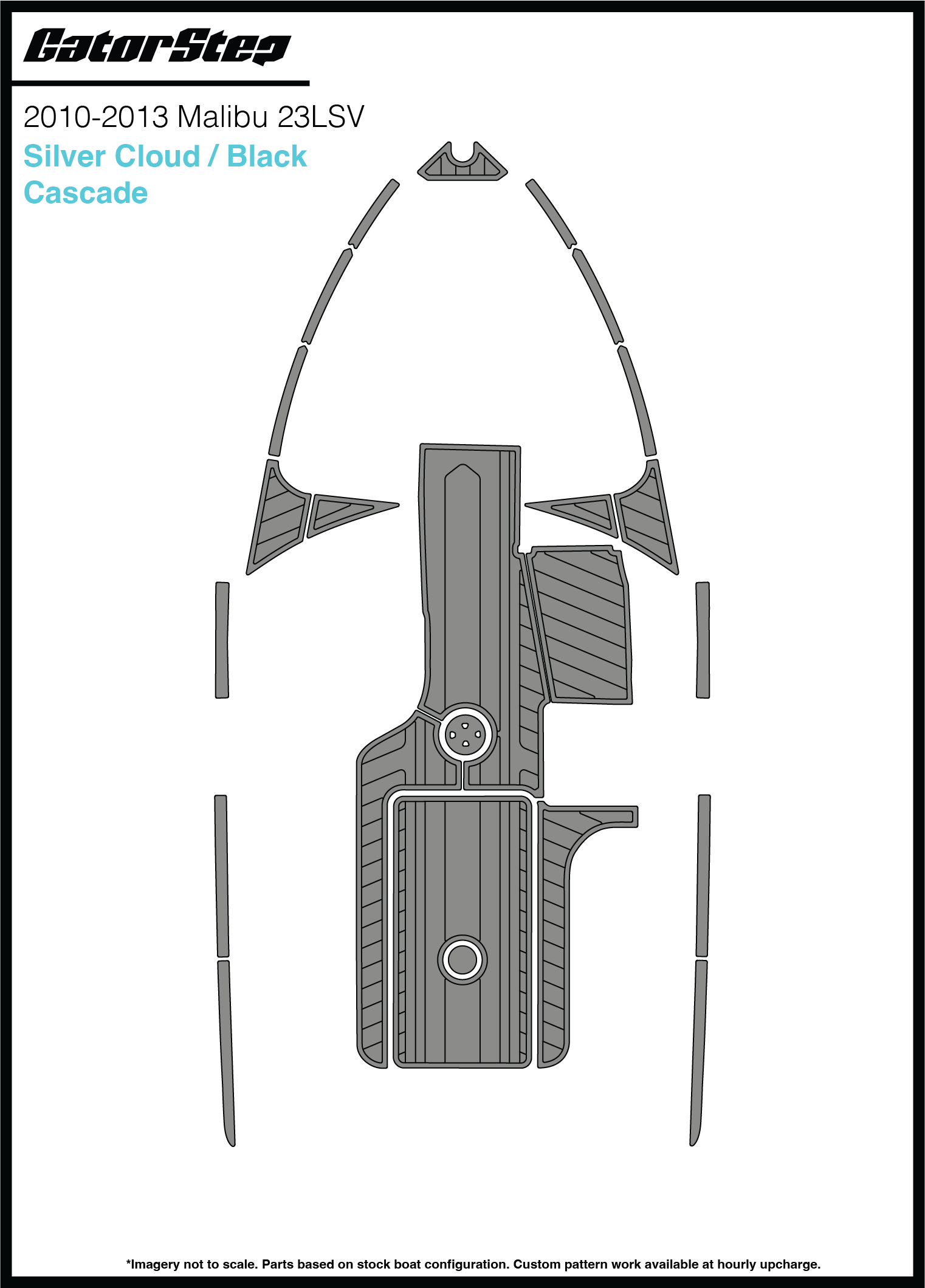 Diagram of Malibu 23LSV Soft Grip Kits for 2014, showing the silver cloud and black cascade design on the boat's steering wheel.