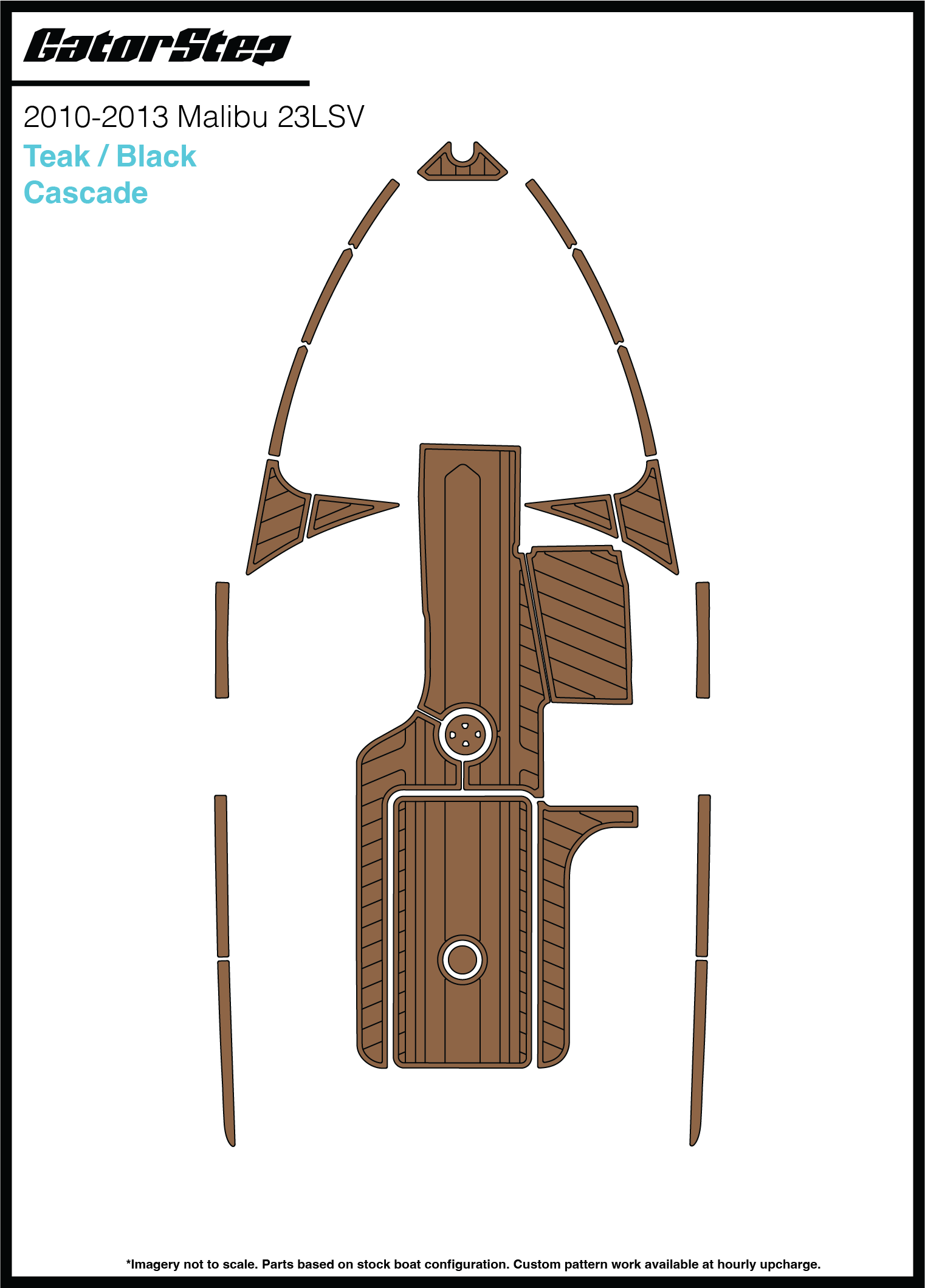 Diagram of Malibu 23LSV Soft Grip Kits for 2014, featuring teak and black cascade handles on a boat deck.