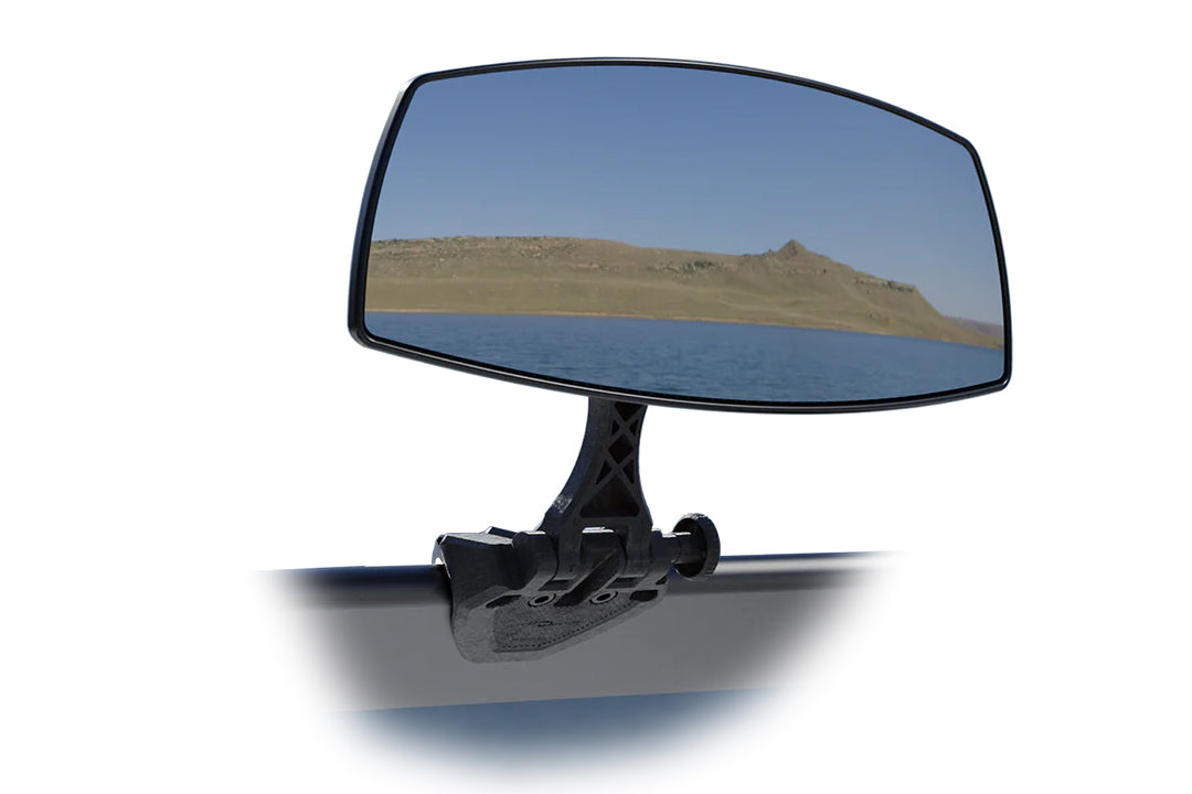 PTM Pro Mirror with adjustable mount, reflecting a scenic landscape of water and hills, designed for vehicle safety and visibility.