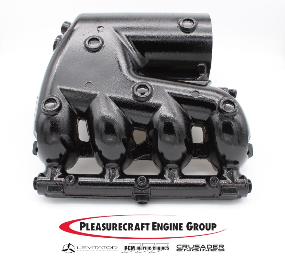 Black PCM 6.0L port exhaust manifold with multiple bolt holes, designed for marine engines, shown against a white background.