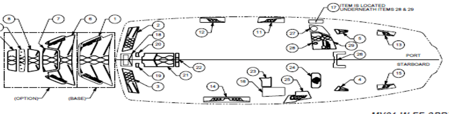 Diagram of the 2023 Malibu Soft Grip Swim Deck with labeled components and optional features for boat deck setup.