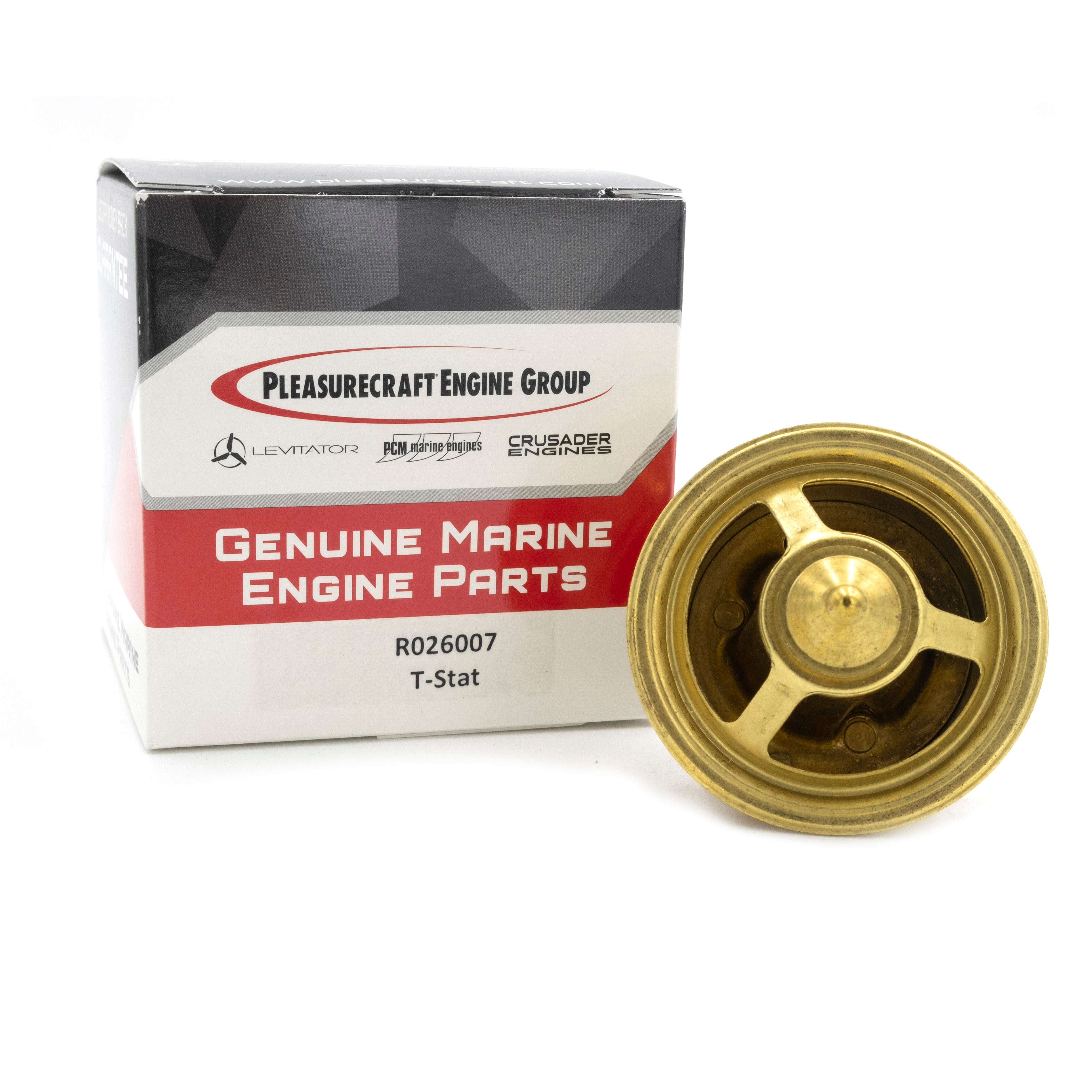 Genuine marine PCM Challenger 6.0L thermostat, 170°F with hole, displayed next to its packaging.