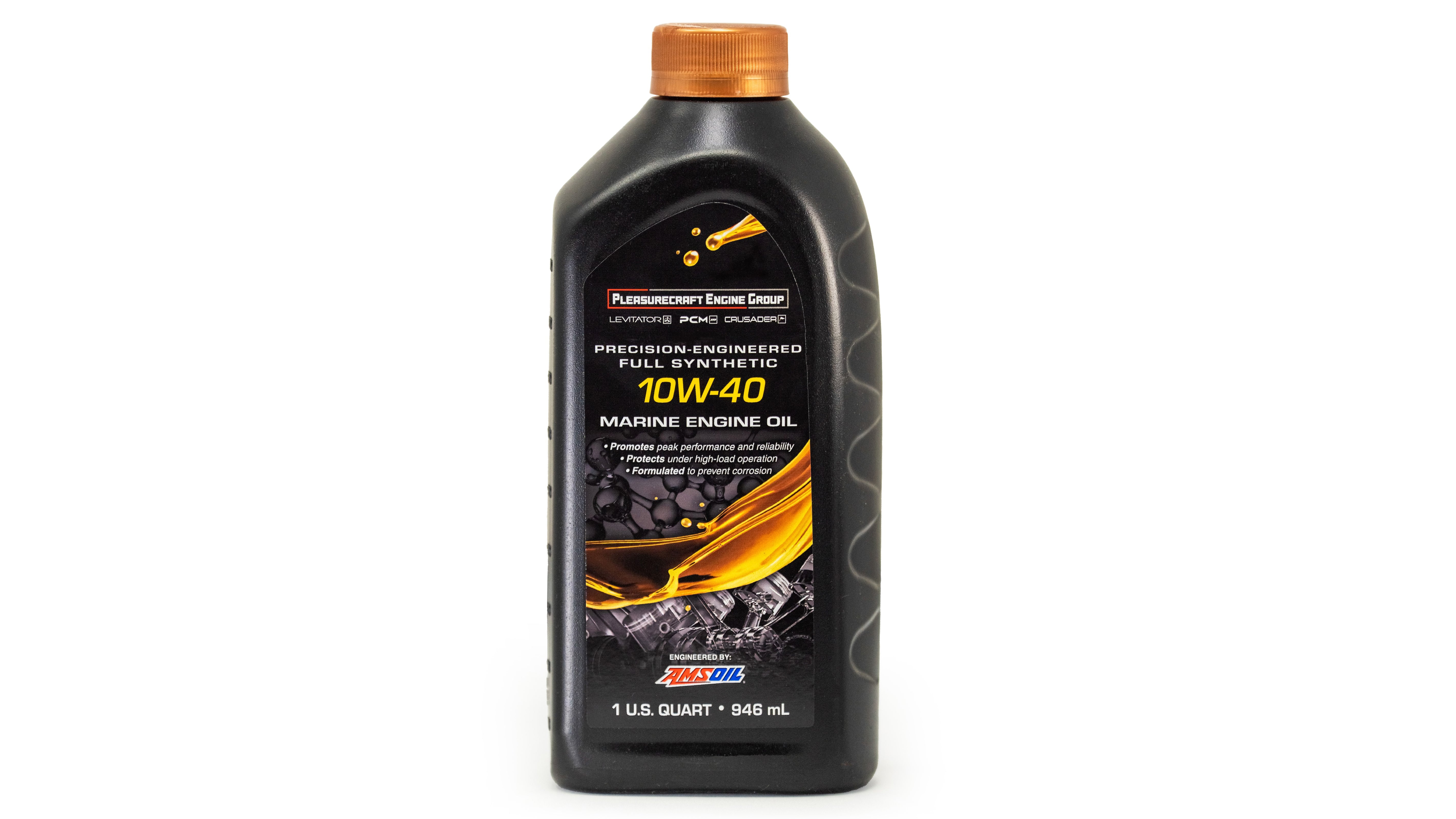 Black bottle of PCM/Challenger 10W-40 marine engine oil, 1 quart (946 mL), with orange cap and label detailing product features.