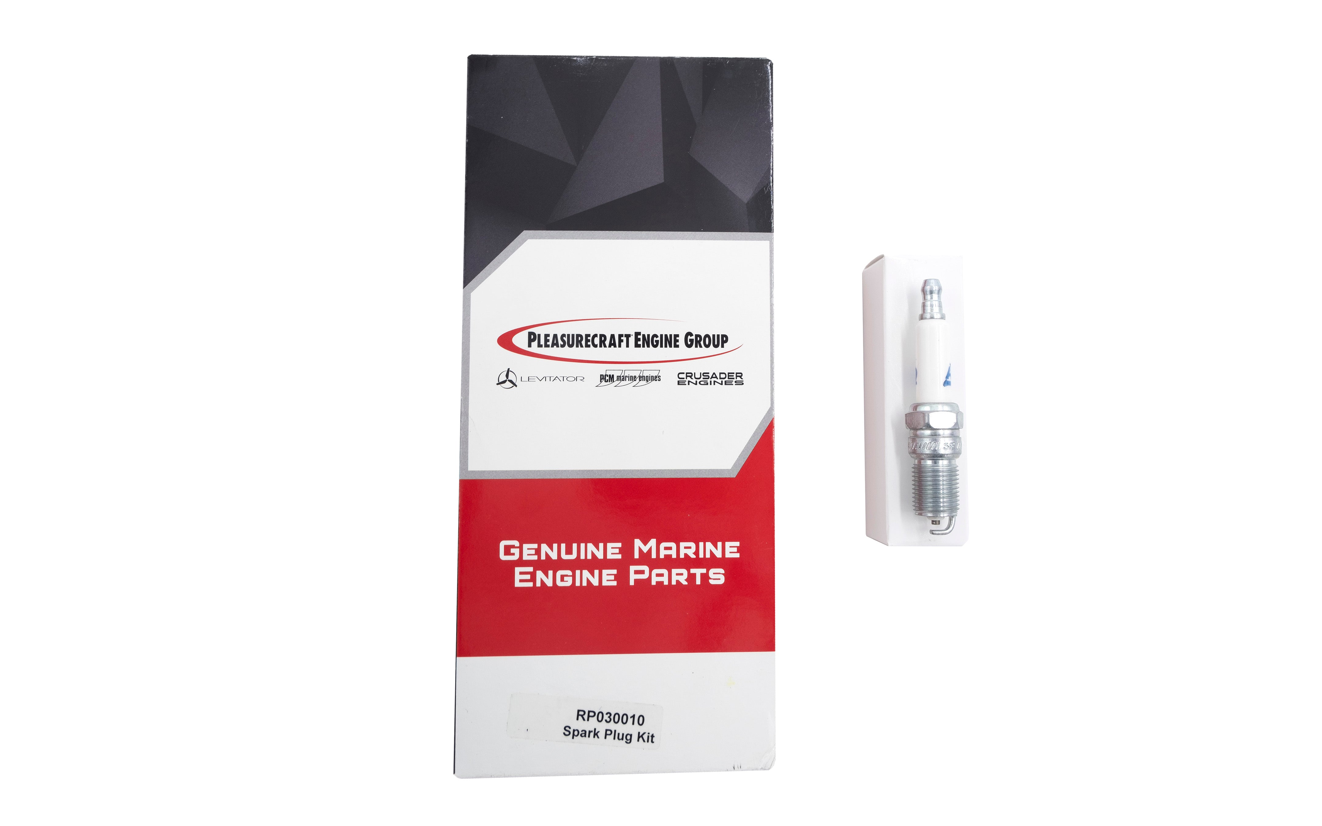 Spark plug set for 5.0/5.7L engines, includes 8 genuine marine engine platinum spark plugs in packaging.