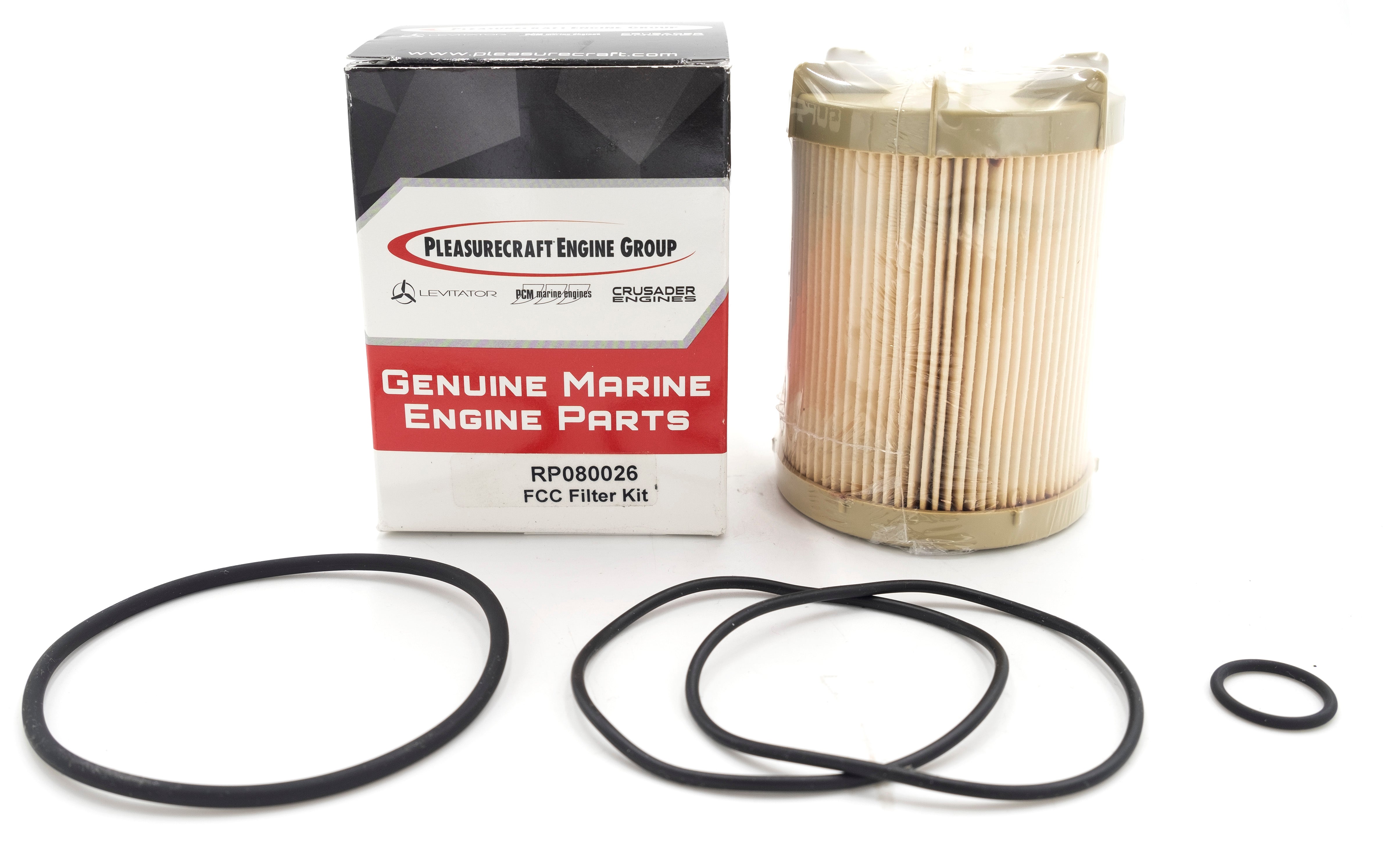 Fuel filter kit for 5.7L, 6.0L, and 6.2L marine engines, includes filter, O-rings, and gasket for engine maintenance.