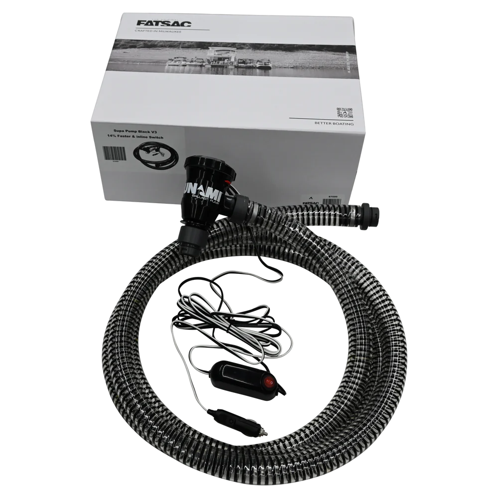 Supa Pump 3.0 electric air pump with flexible hose, control switch, and packaging box for boat or vehicle inflation.