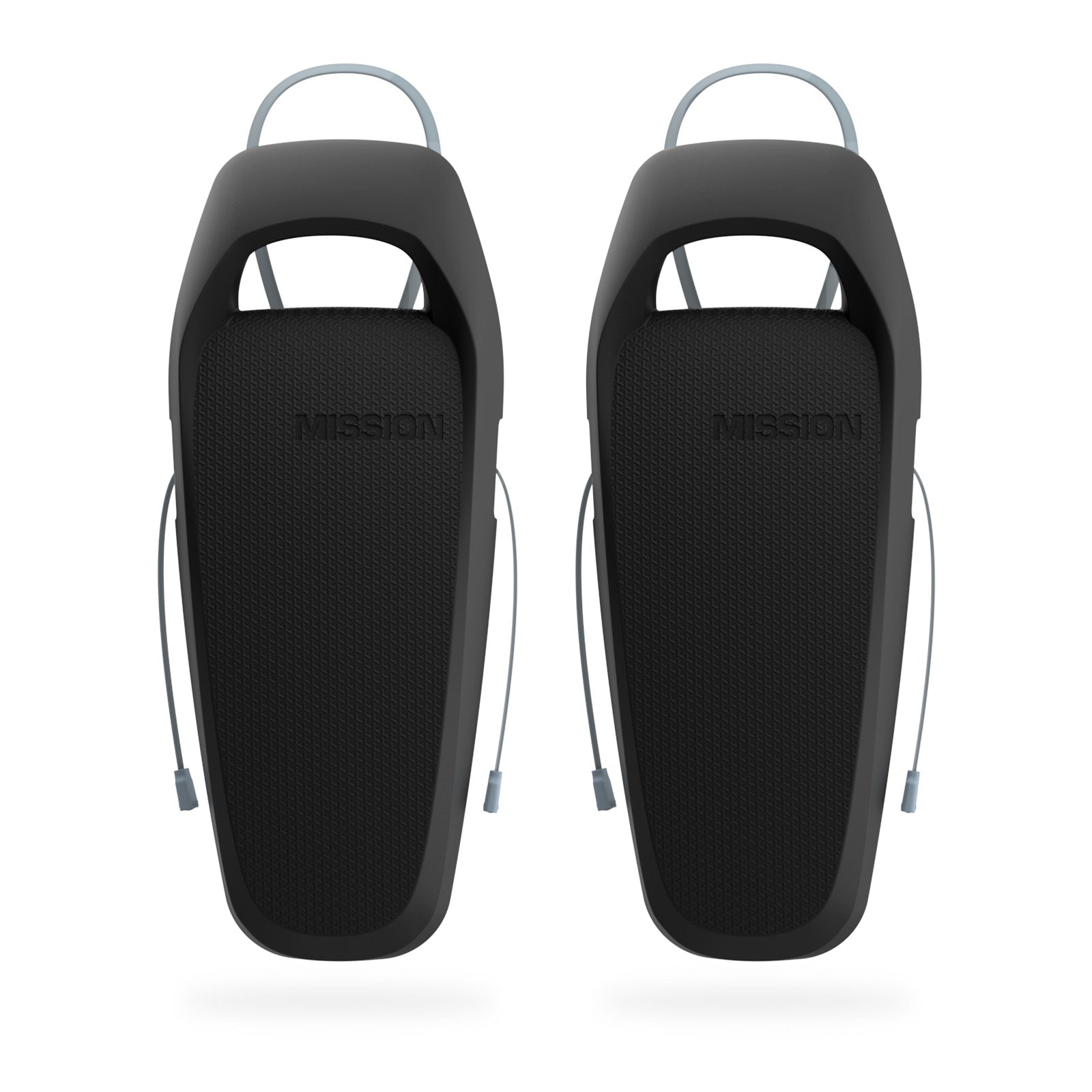 Pair of black Mission Boat SENTRY 2.0 boat fenders with textured surface, side attachment ropes, and sturdy handles for protection.