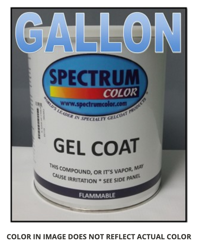 A can of Spectrum Color gel coat in Malibu/Axis Charcoal, 2005-2010, with a label indicating flammable gelcoat product.