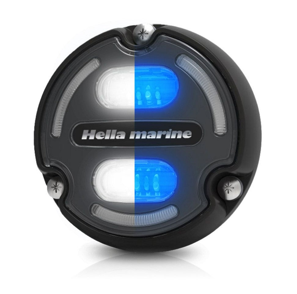 Hella Apelo A2 underwater light with blue and white LED lights, black casing, and "Hella marine" branding, designed for marine use.