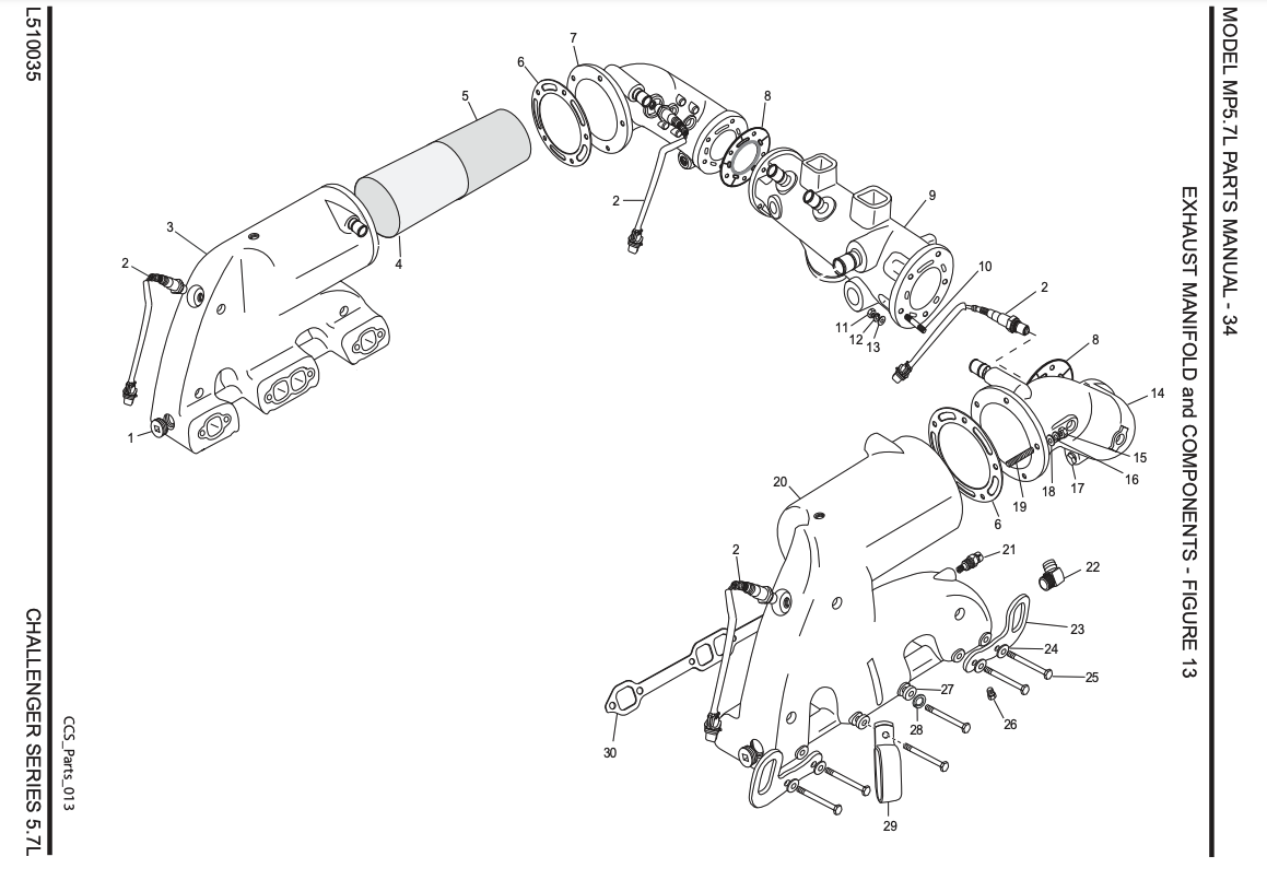Diagram of 5.7 exhaust manifold and components for Crusader/Challenger/PCM engines, showing detailed parts and assembly.
