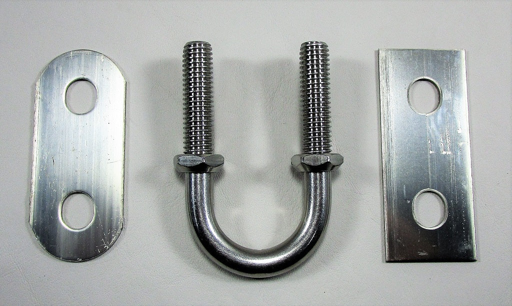 Bow eye with wide backing plate, U-shaped metal fitting, and mounting plates for stern boat attachment.