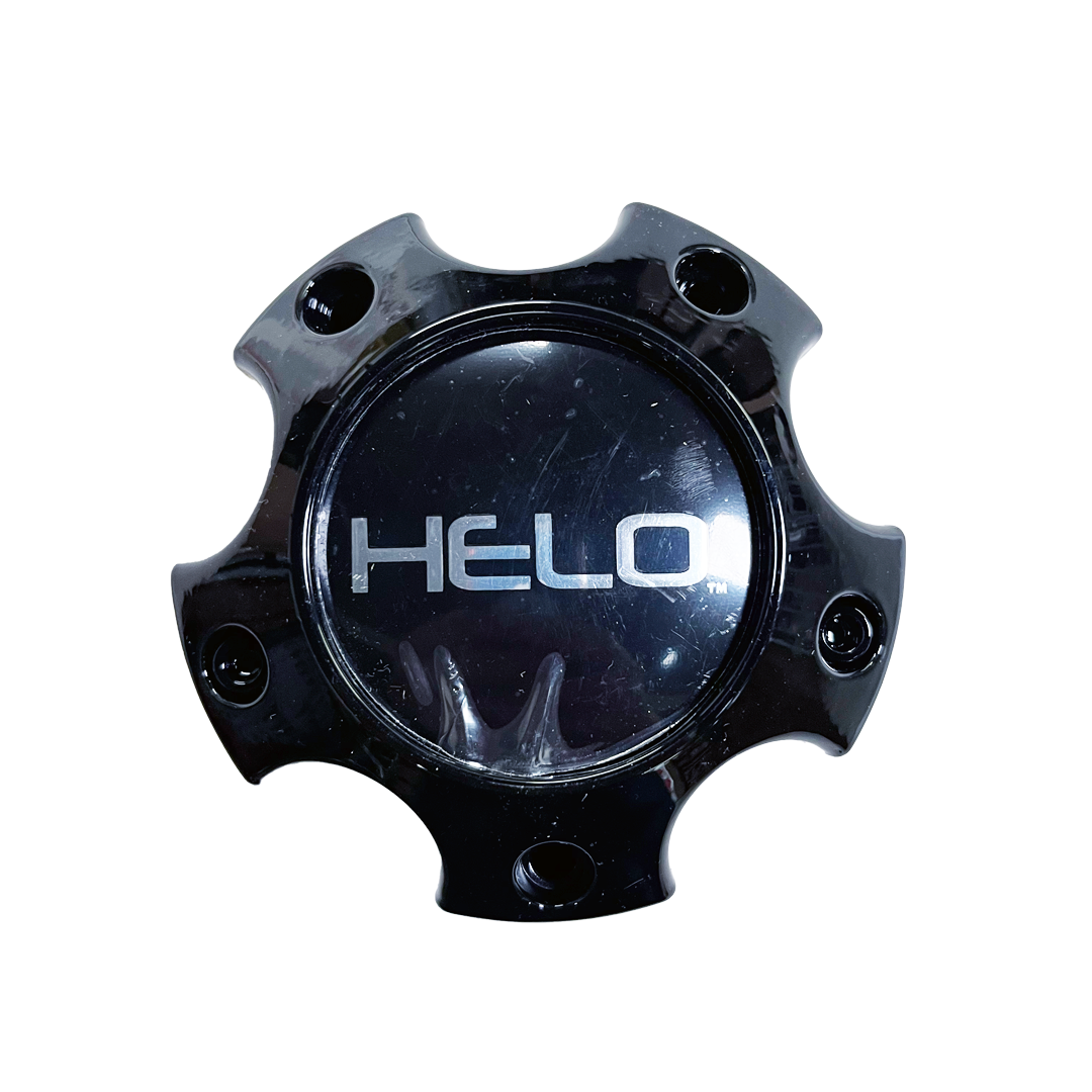 Black wheel hub cap with "HELLO" logo, designed as a Malibu Heist replacement, featuring a circular center and multiple bolt holes.