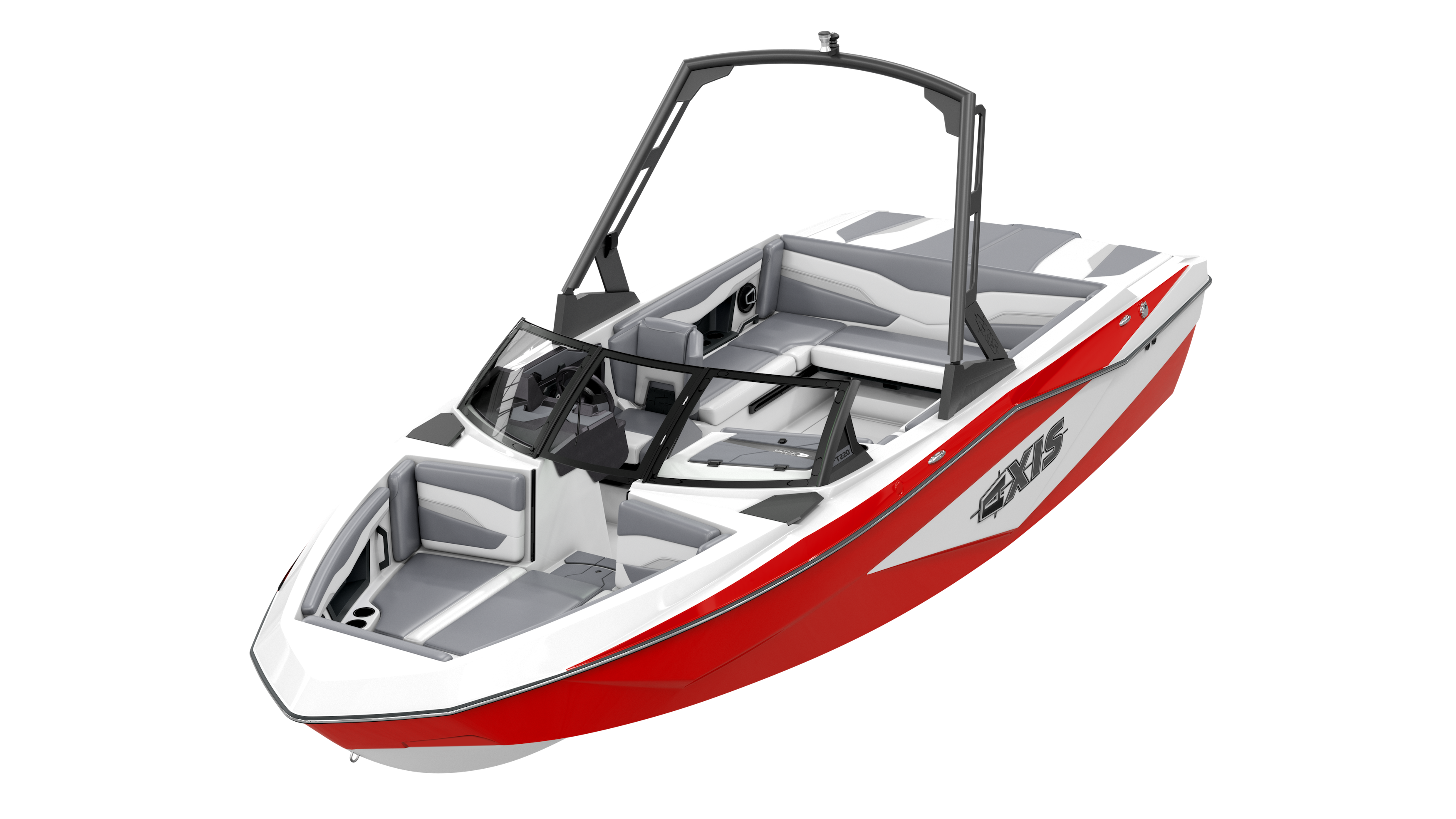 Axis AW20 Black Tower boat featuring a sleek red and white design, spacious seating, and a stylish wakeboard tower.