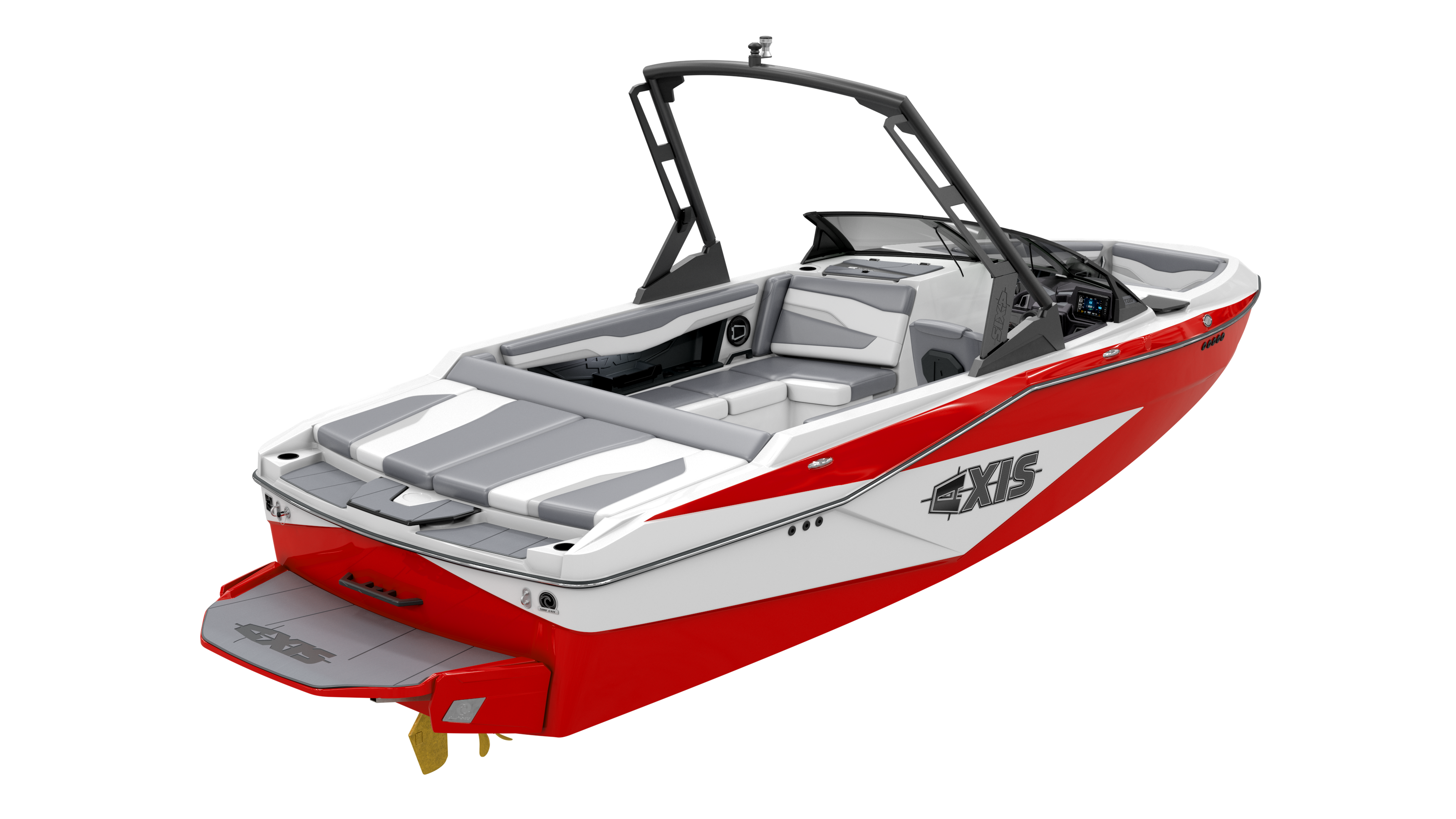 Axis AW20 Black Tower boat featuring a sleek red and white design, spacious seating, and a modern wakeboard tower.
