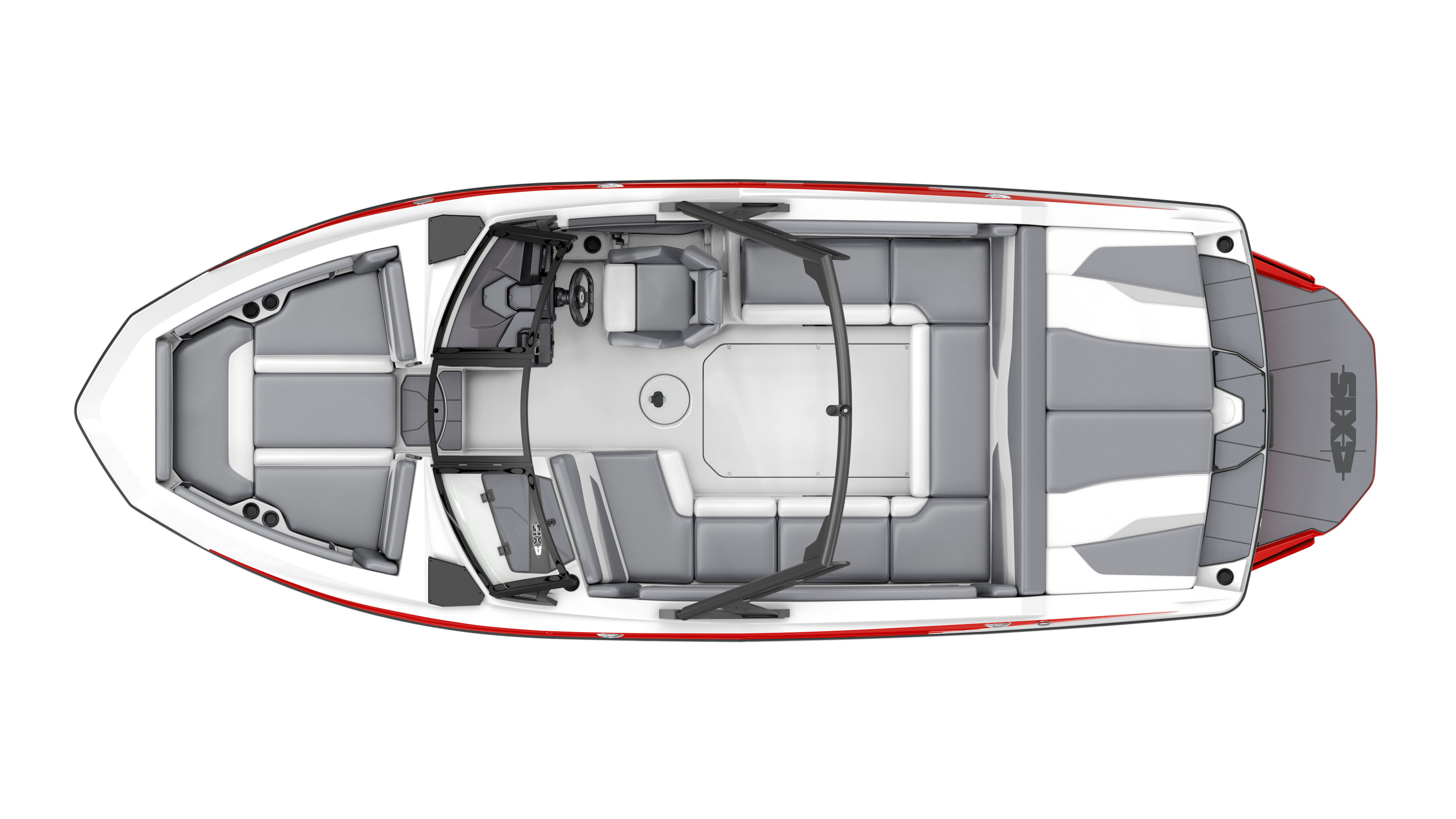 Top view of the Axis AW20 Black Tower showcasing spacious seating, a central helm, and sleek design for optimal boating experience.