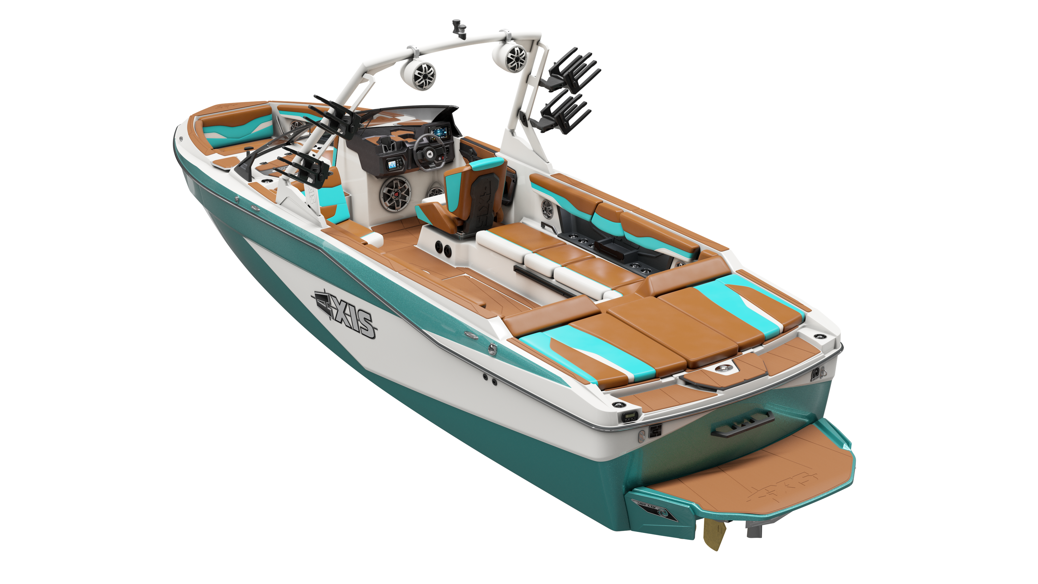 Axis AW20 Tower in white with a spacious interior, featuring stylish seating and a sleek design for boating enthusiasts.