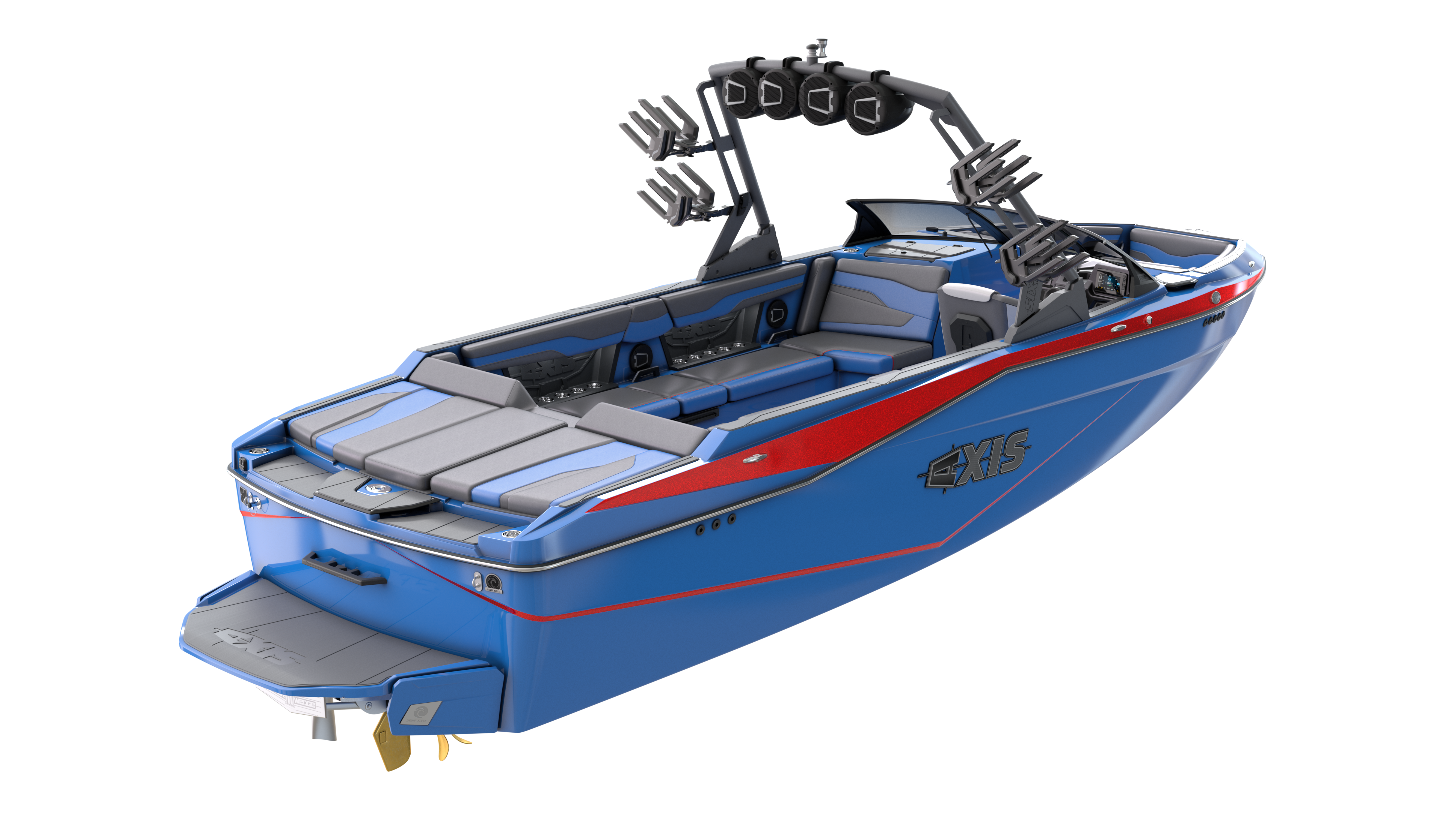 2024 AXIS REV10 speaker mounted on a blue and red wakeboard boat, showcasing sleek design and spacious seating.