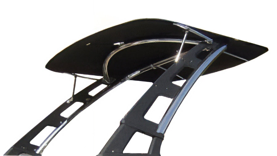Malibu G3 Complete Bimini top mounted over a boat tower, with a black fabric canopy and metal frame structure.