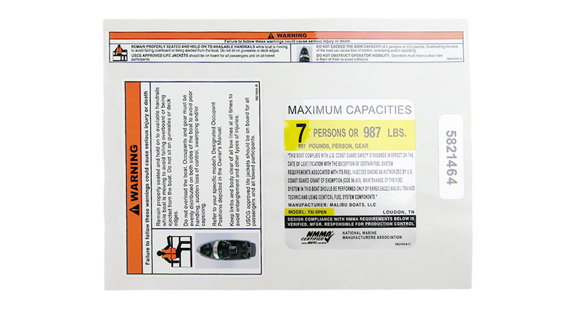 TXI capacity and warning sheet displaying maximum capacities for 7 persons or 987 lbs, with safety instructions.
